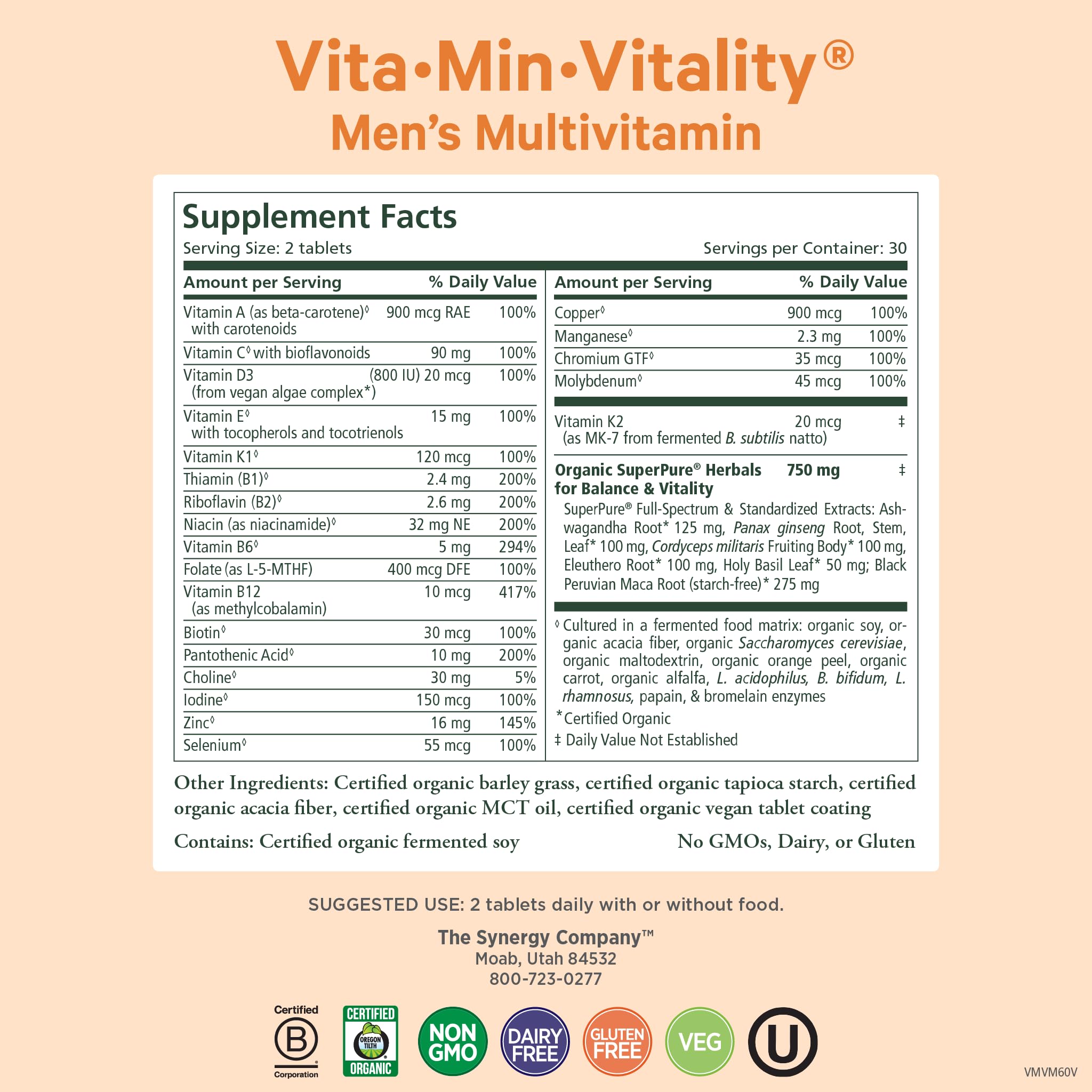 Back of PURE SYNERGY support Men’s Multivitamin bottle