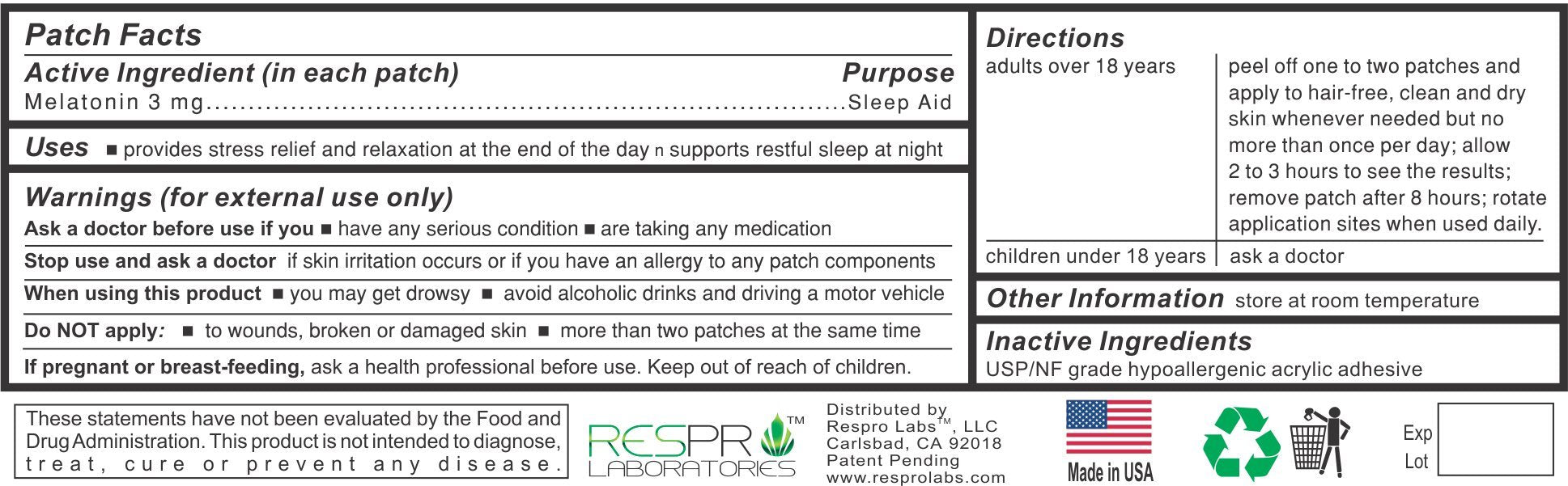 Back of Respro Laboratories Natural Melatonin Patch packaging