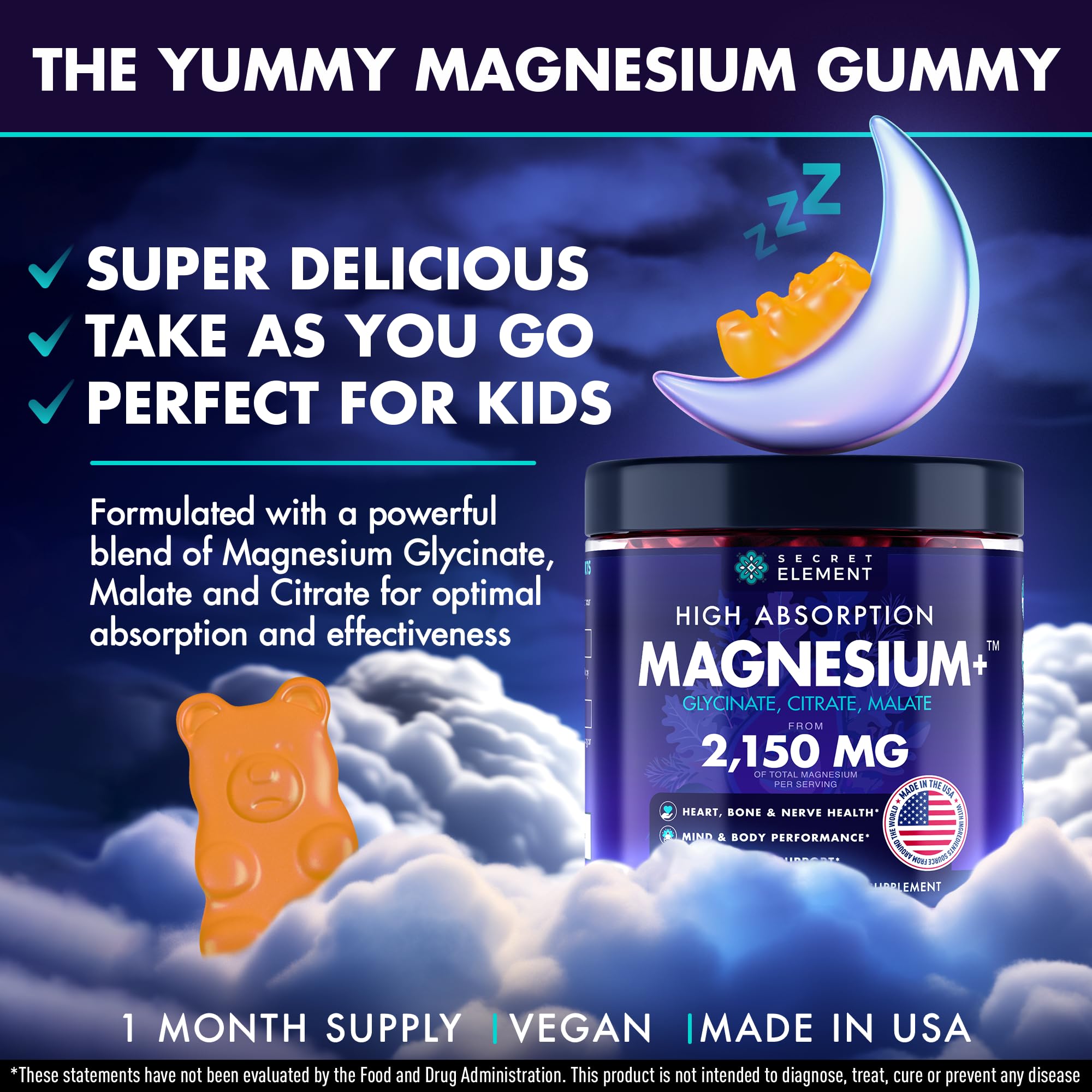 Back of Secret Element Magnesium Gummies packaging