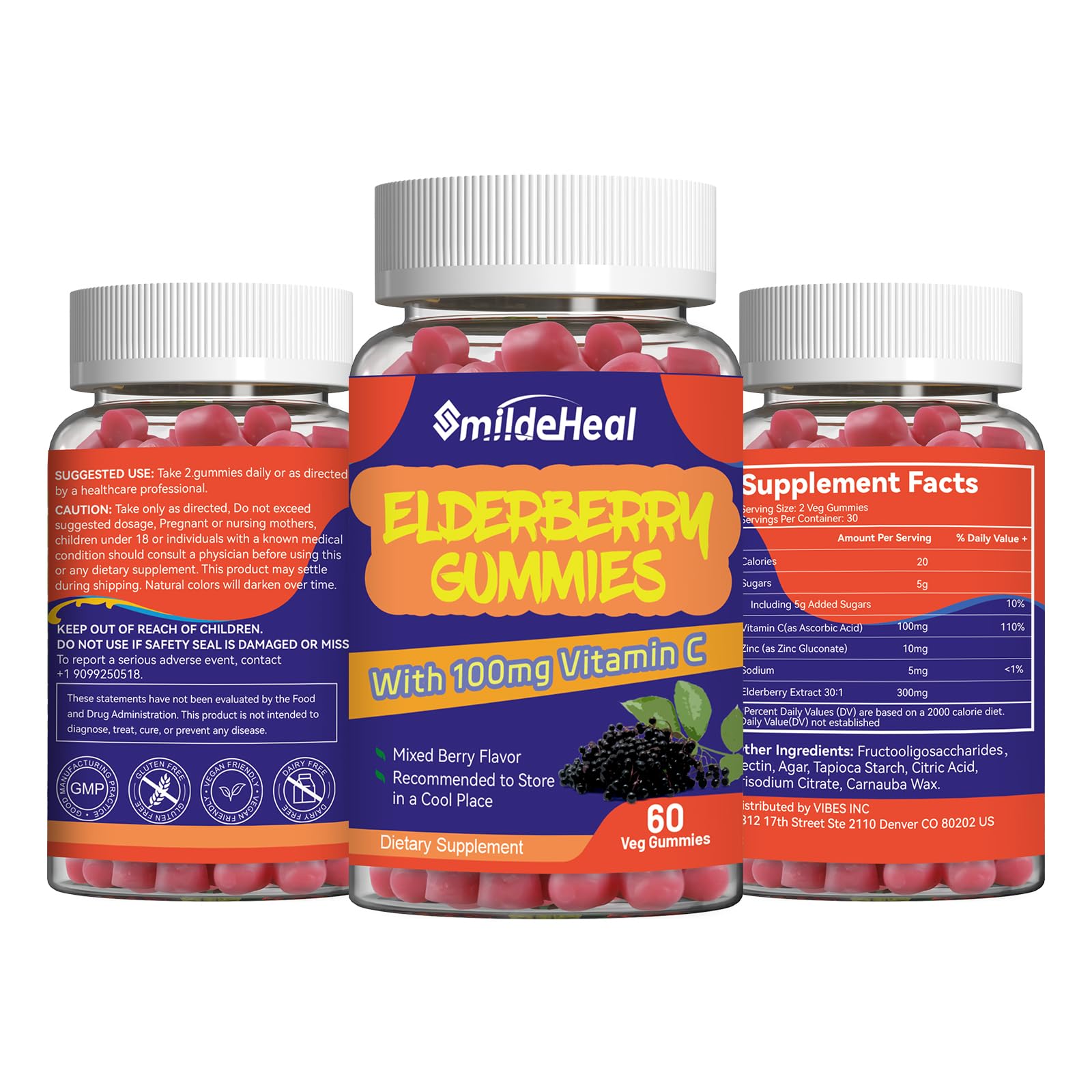 Back of SmildeHeal Elderberry Gummies bottle showing ingredients
