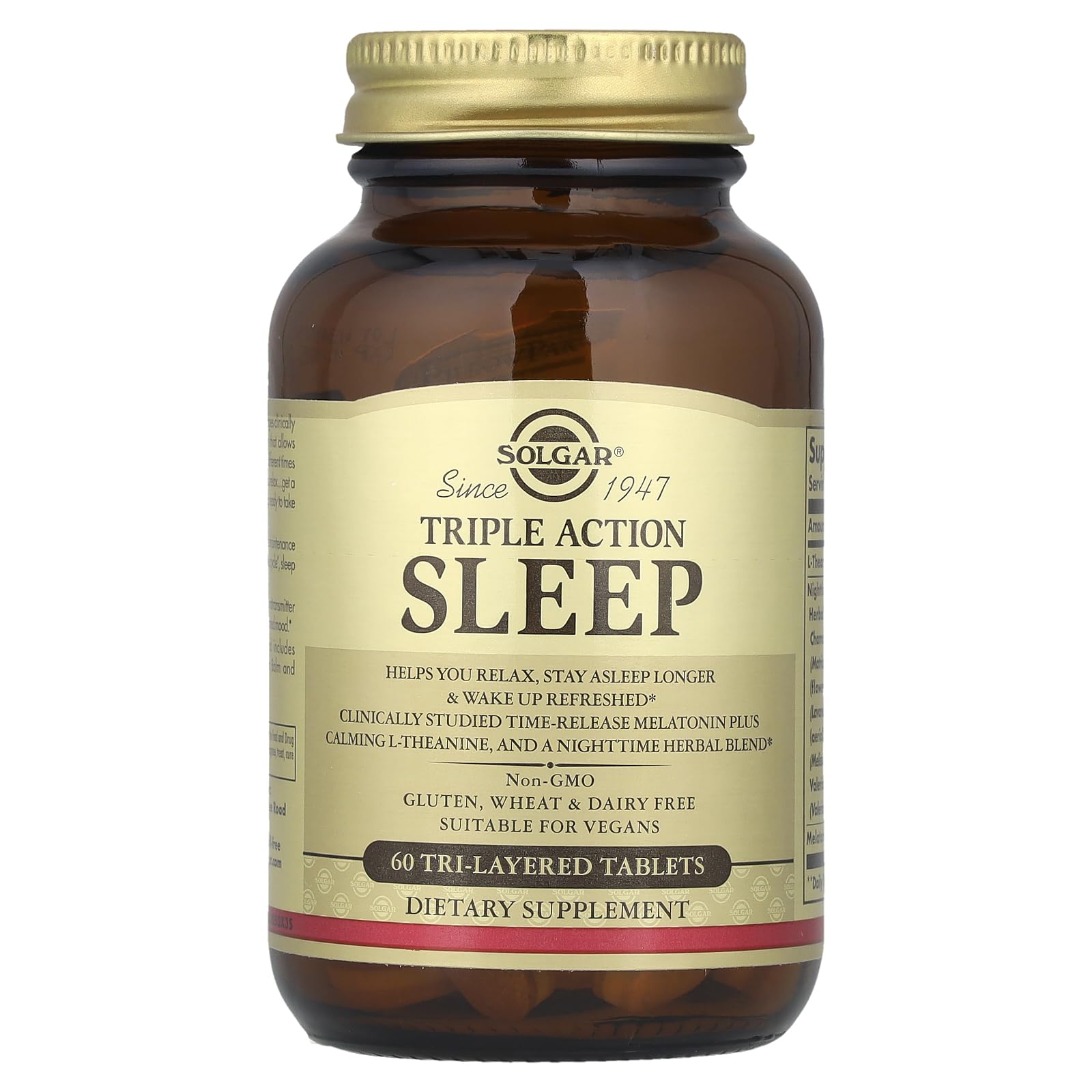 Back of Solgar Triple Action Sleep Supplement packaging