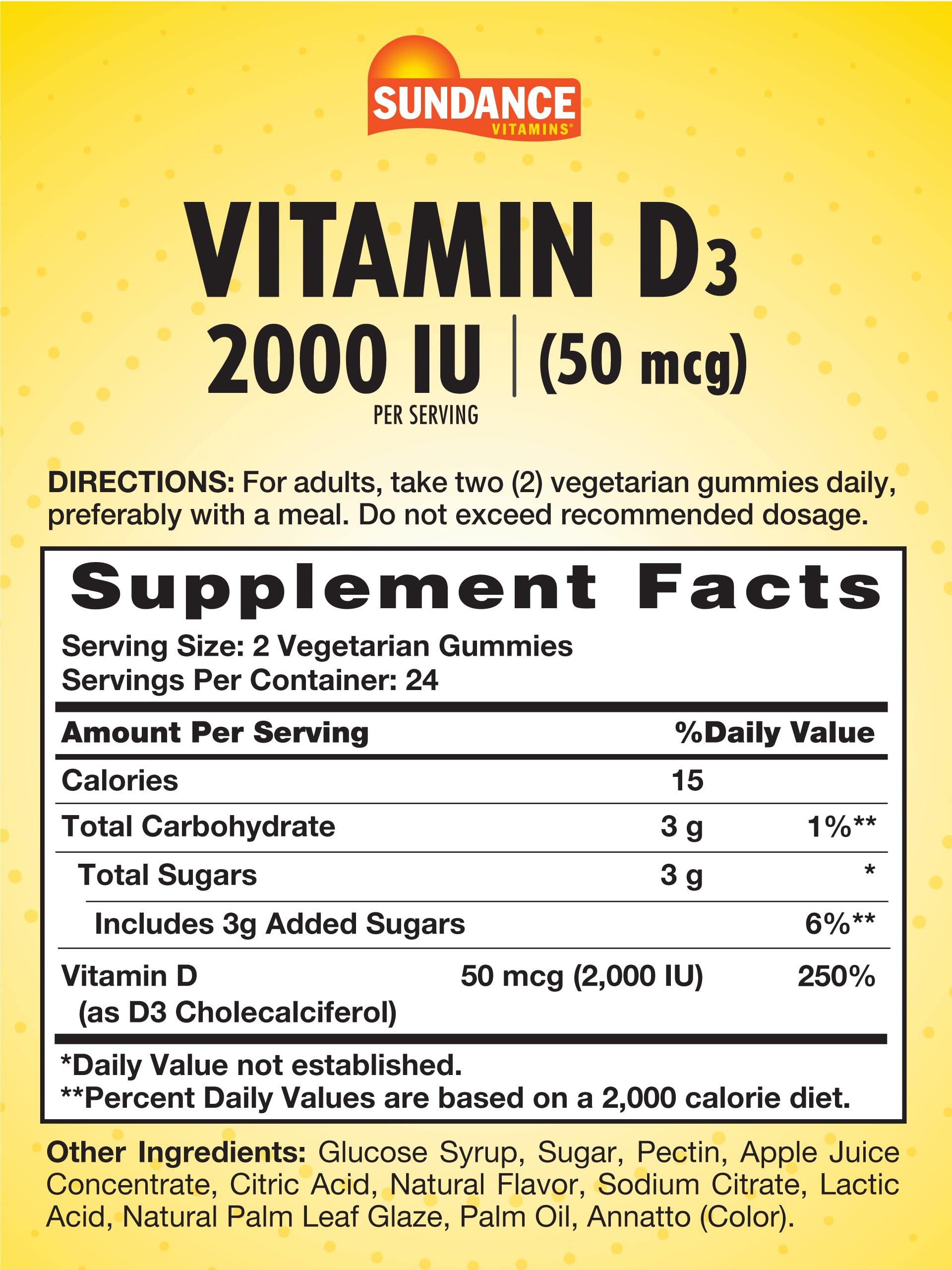 Back of Sundance Vitamin D3 Gummies packaging showing ingredients
