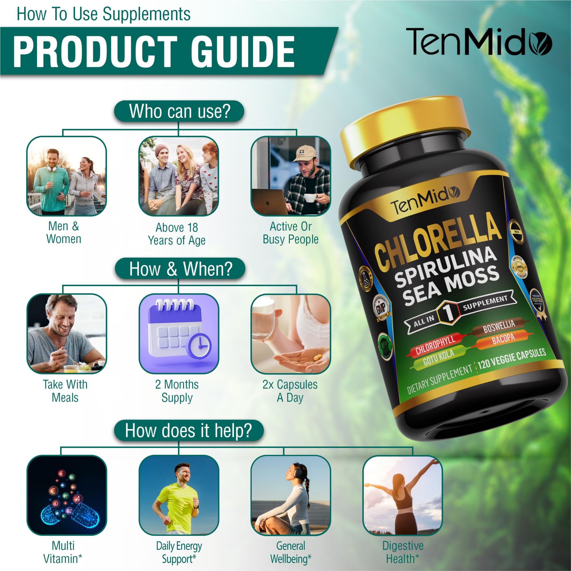 Back of Tenmido Chlorella Supplement bottle