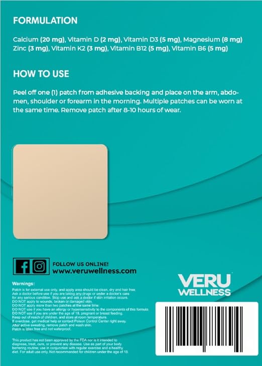 Back of Veru Wellness Calcium Patch packaging with details