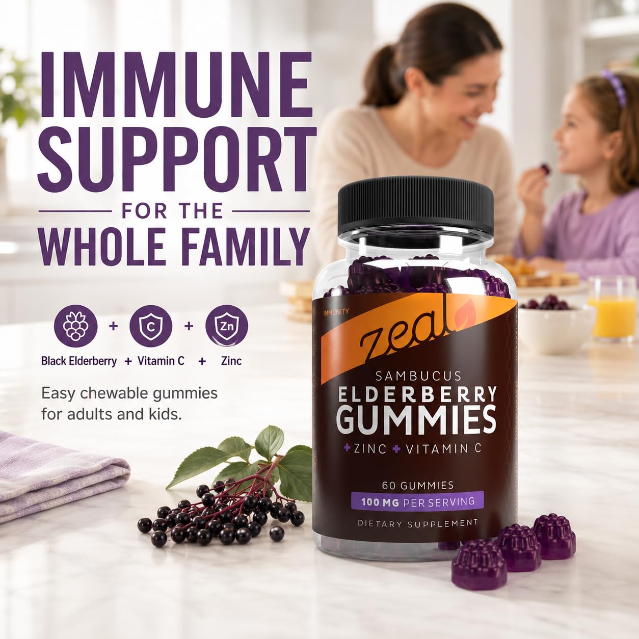 Back of Zeal Naturals Elderberry Gummies packaging with ingredient list
