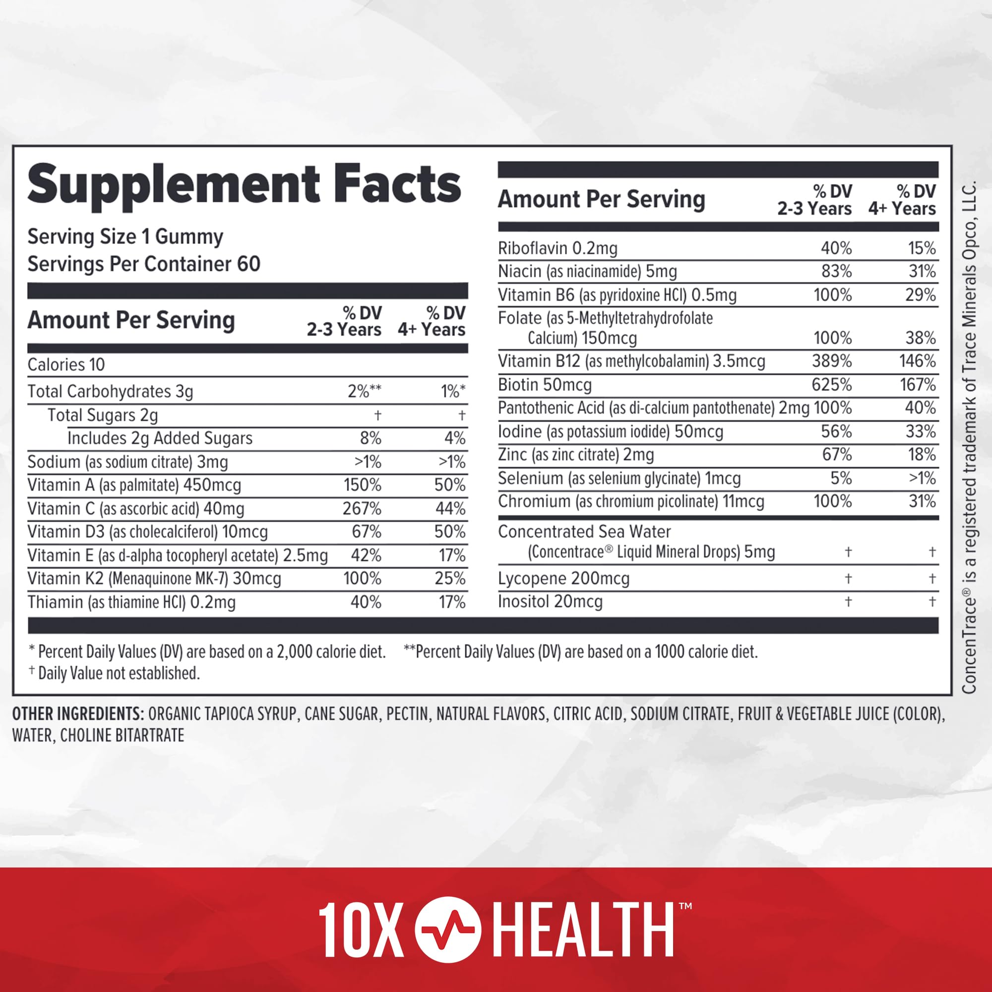 Back view of 10X Health System Kids’ Multivitamin Gummies packaging