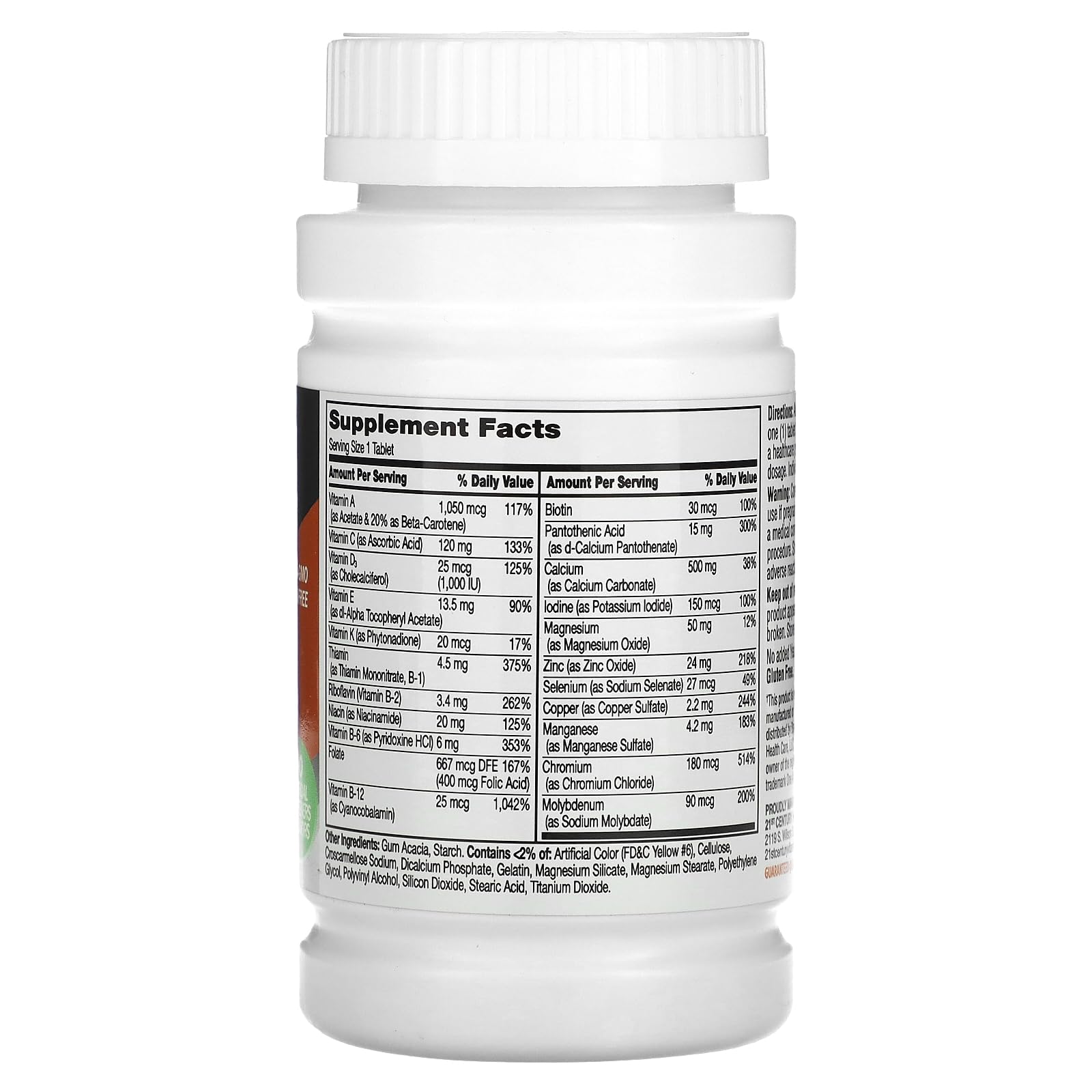 Back view of 21st Century One Daily 50+ Women's Multivitamin bottle showing ingredients