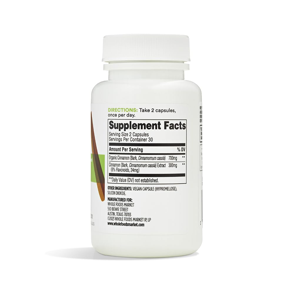 Back view of 365 by Whole Foods Market Cinnamon Supplement packaging