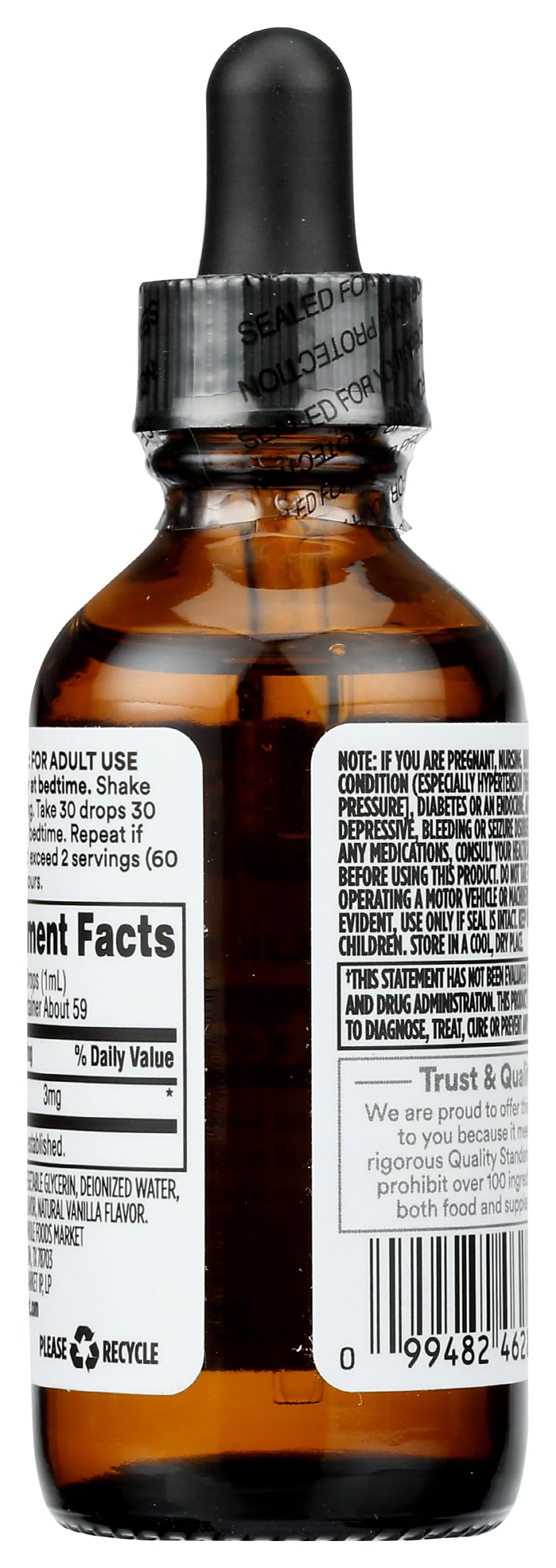 Back view of 365 by Whole Foods Market Liquid Melatonin 2 fl oz bottle