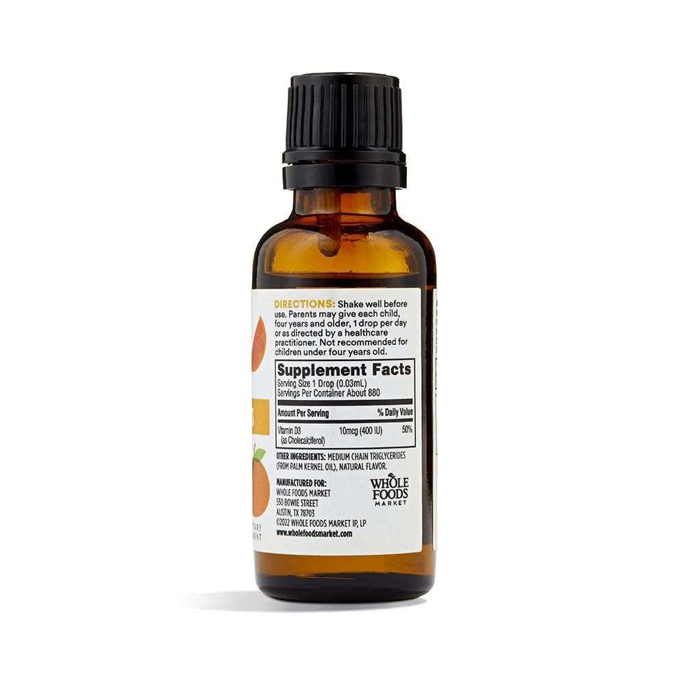 Back view of 365 by Whole Foods Market Liquid Vitamin D3 1oz bottle