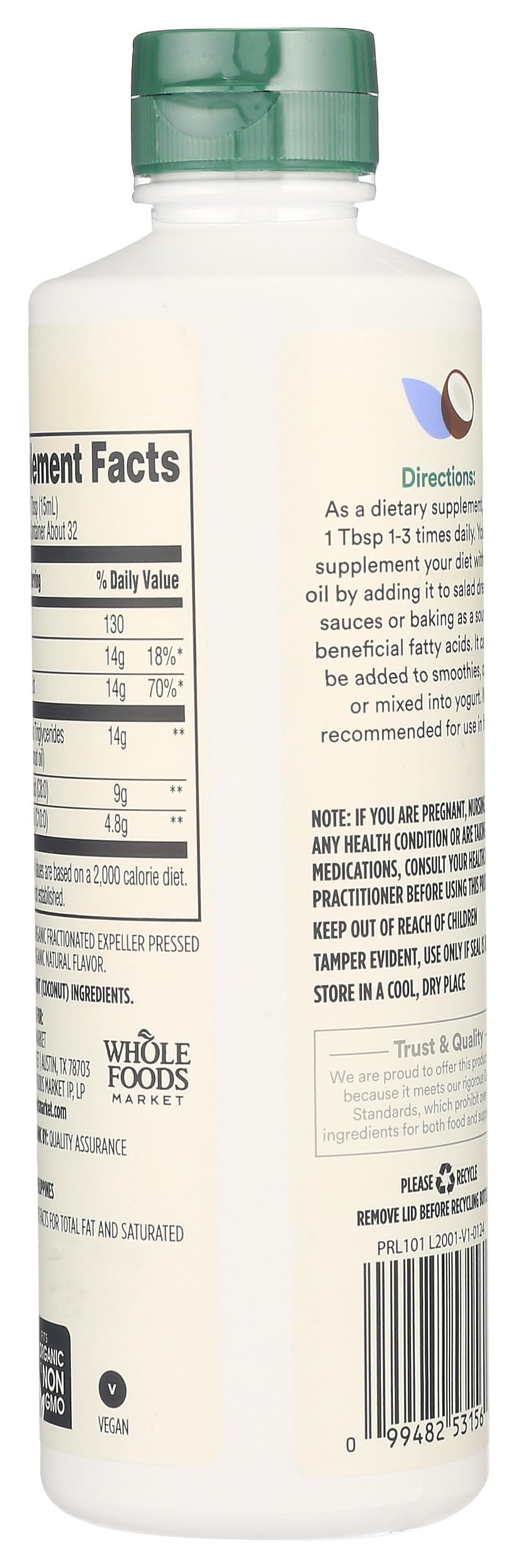 Back view of 365 by Whole Foods Market MCT Oil 16 fl oz bottle