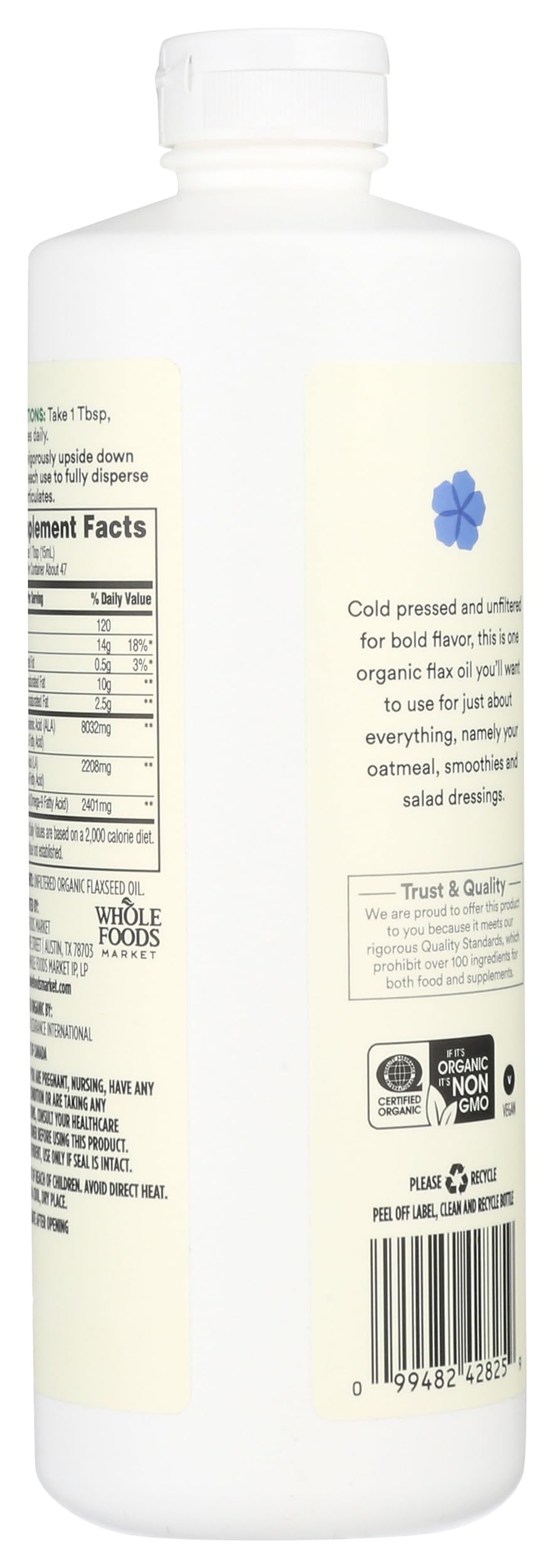 Back view of 365 by Whole Foods Market Organic Flaxseed Oil 680g