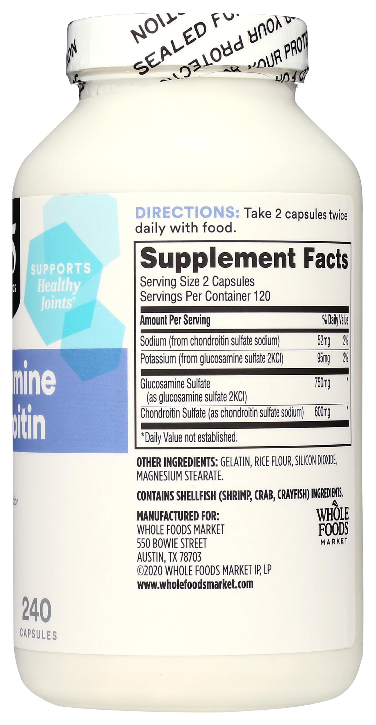 Back view of 365 Glucosamine Chondroitin Complex bottle with ingredients