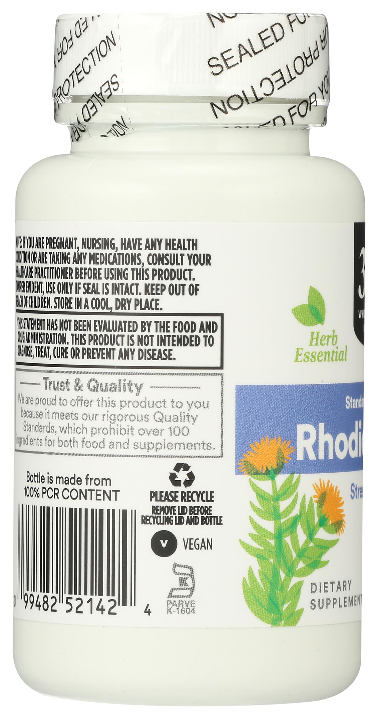 Back view of 365 Rhodiola Supplement packaging