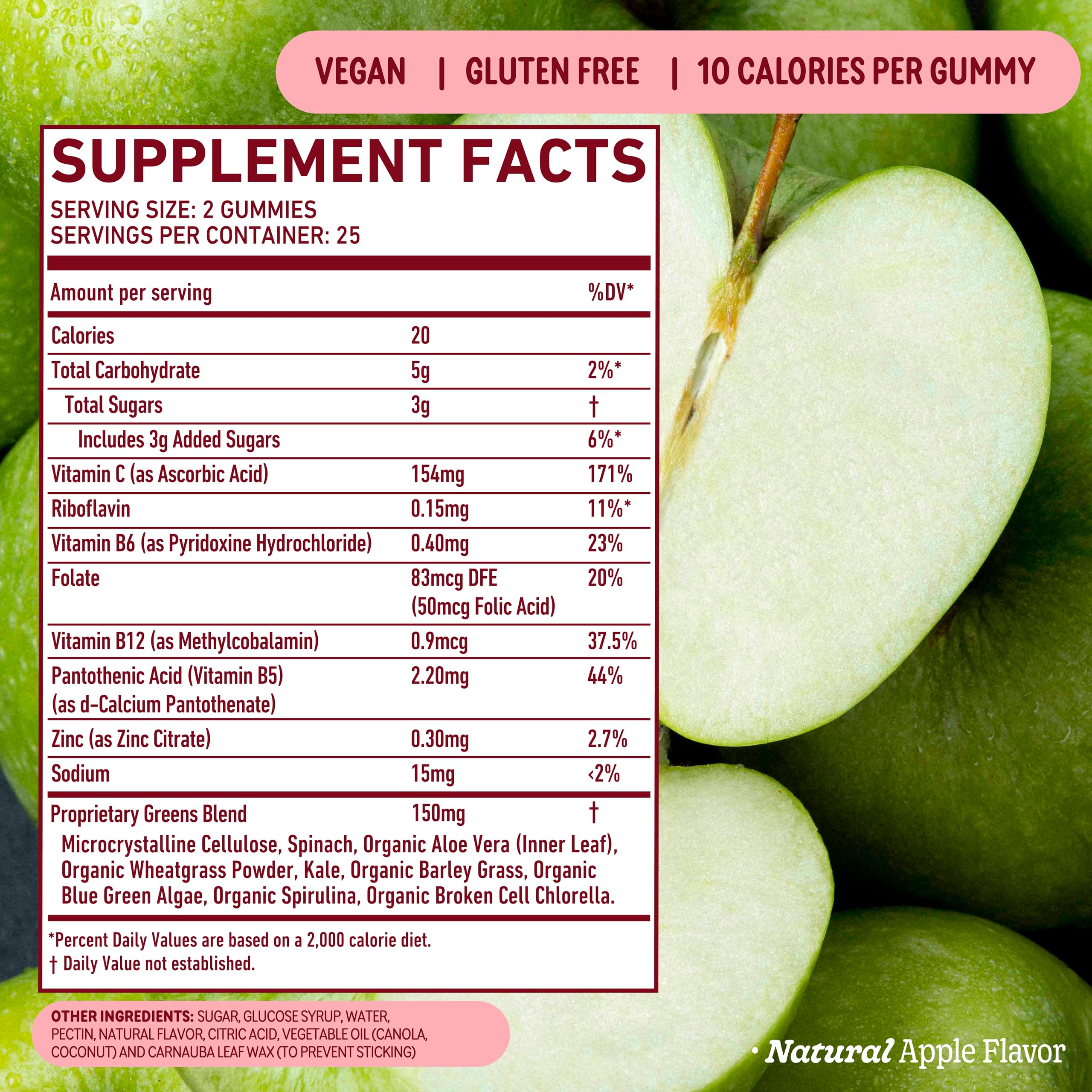 Back view of 8Greens Gummies packaging with ingredient list