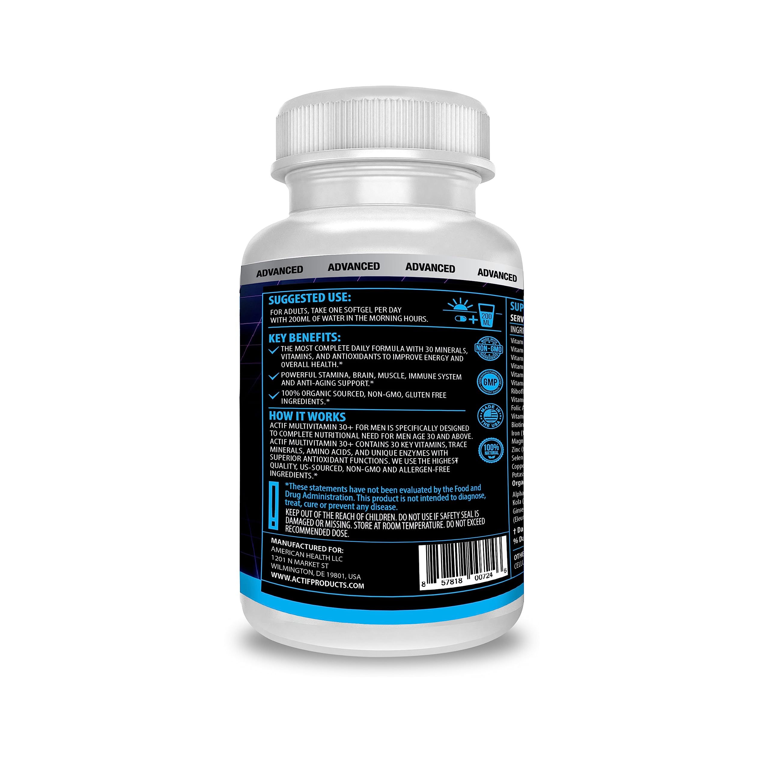 Back view of ACTIF Men's Multivitamin showing ingredients list