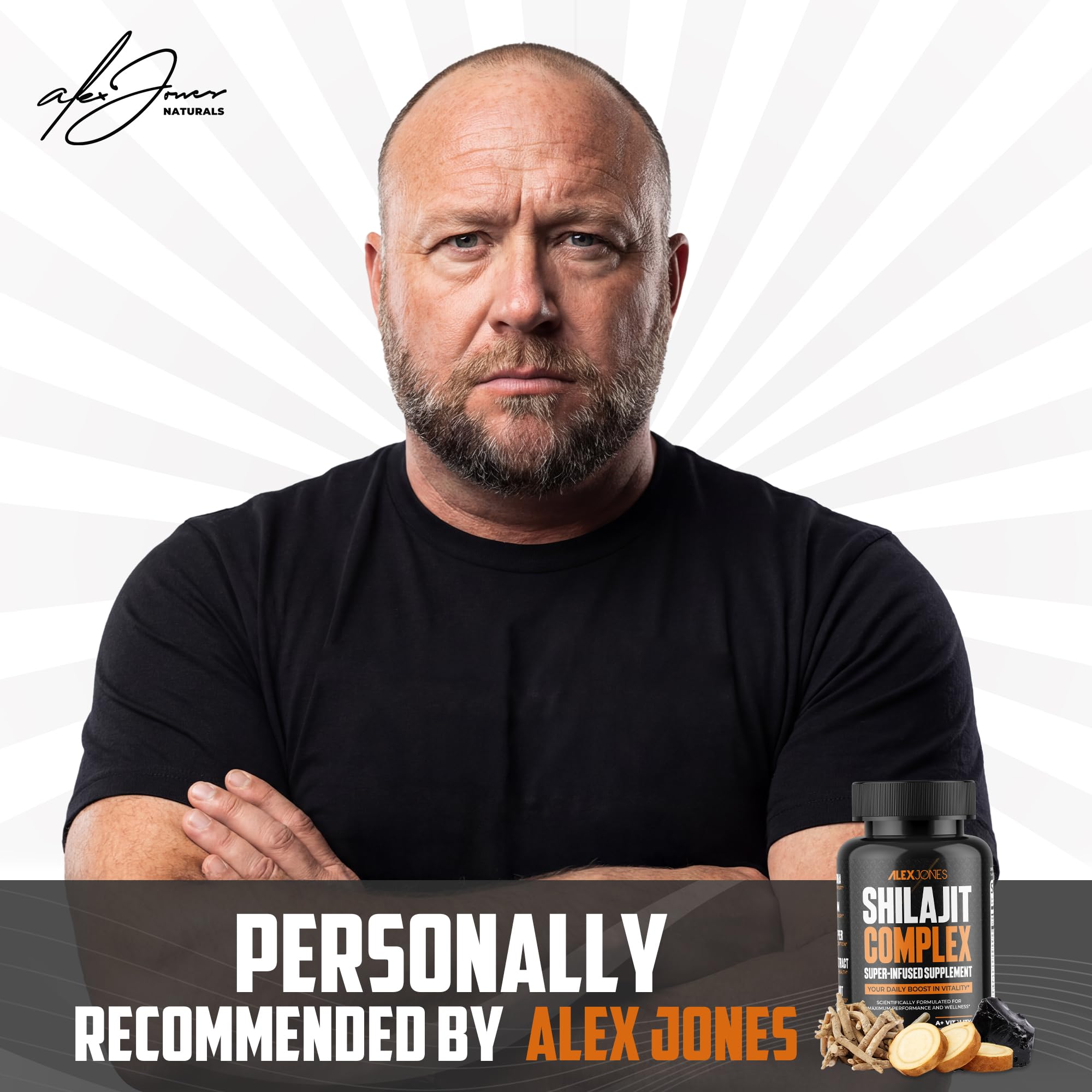 Back view of Alex Jones Naturals Shilajit Capsules bottle