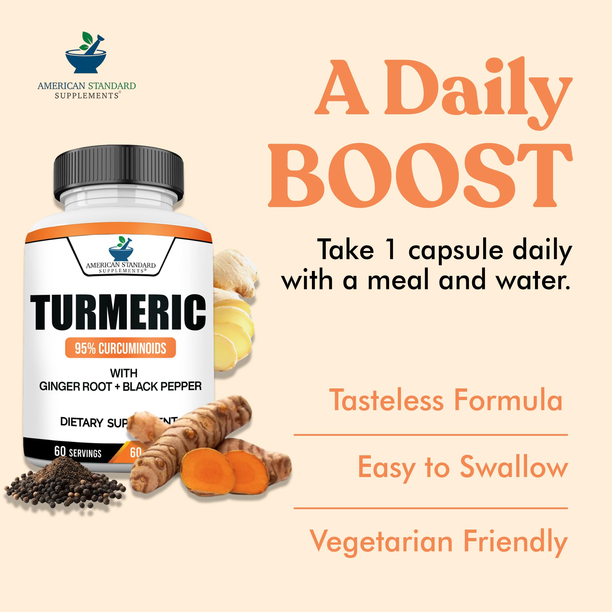 Back view of American Standard Supplements Turmeric Capsules bottle