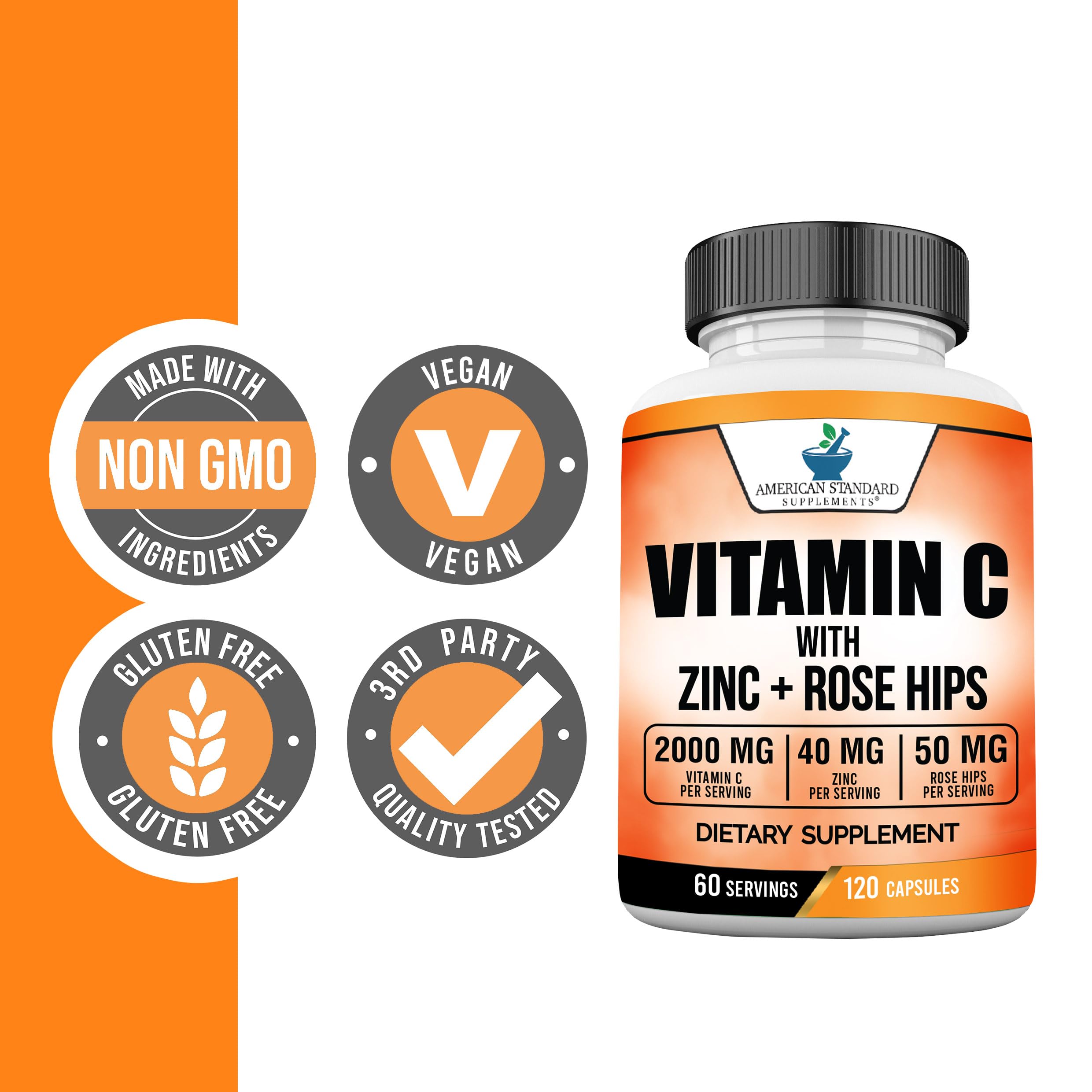 Back view of American Standard Supplements Vitamin C with Zinc and Rose Hips bottle