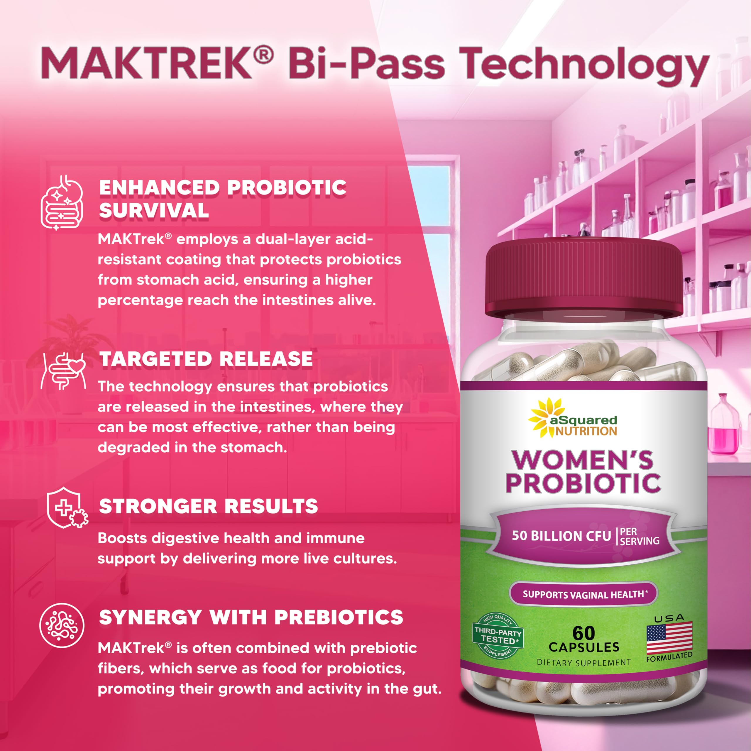 Back view of aSquared Nutrition Women's Probiotic 50 Billion CFU capsule bottle