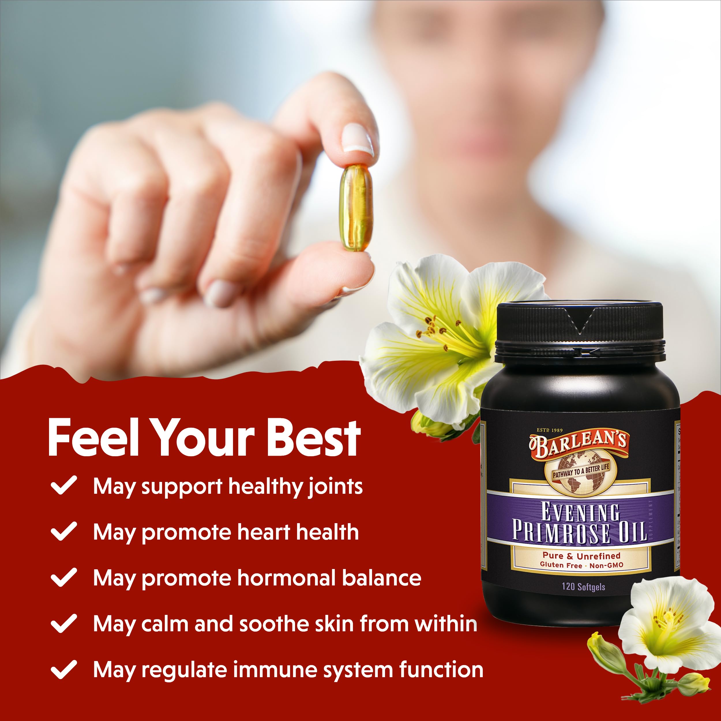 Back view of Barlean's Evening Primrose Oil Softgels bottle