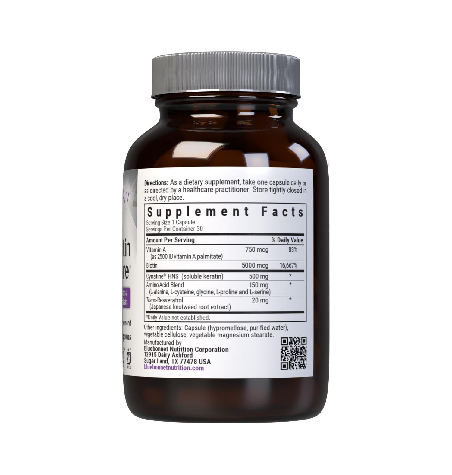 Back view of BlueBonnet Beautiful Ally Keratin Care Capsules bottle with ingredient list