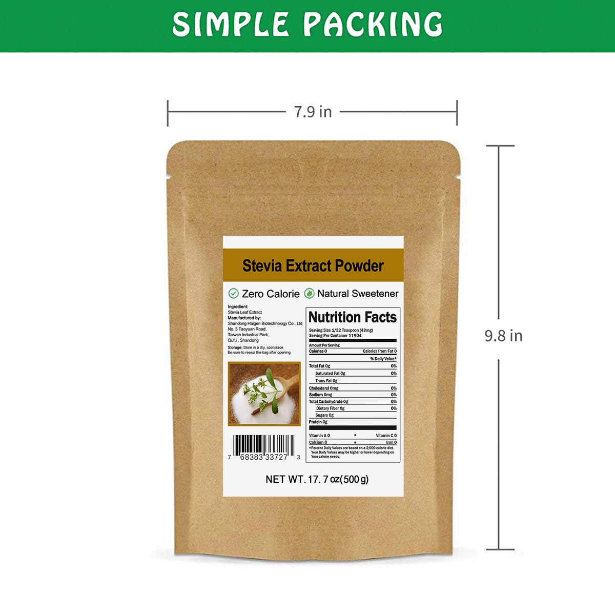 Back view of CCnature Stevia Powder packaging with nutritional information