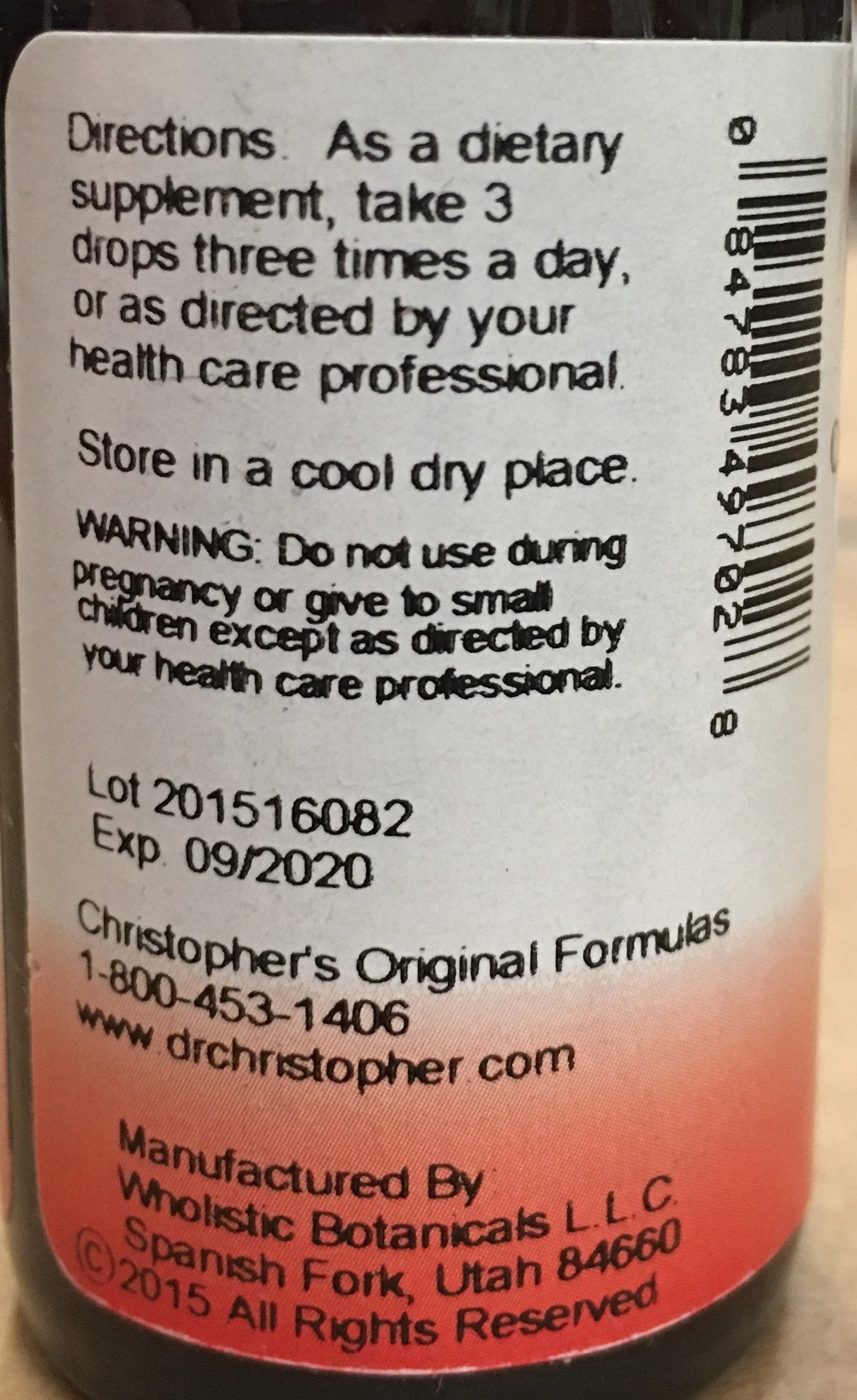 Back view of Christopher's Echinacea Supplement packaging