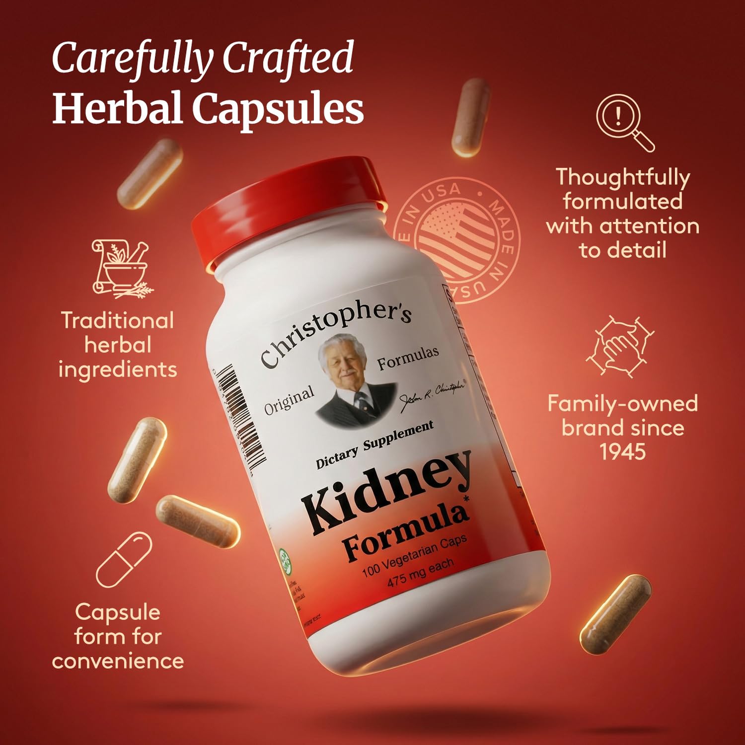 Back view of Christopher's Original Formulas Kidney Support Capsules bottle