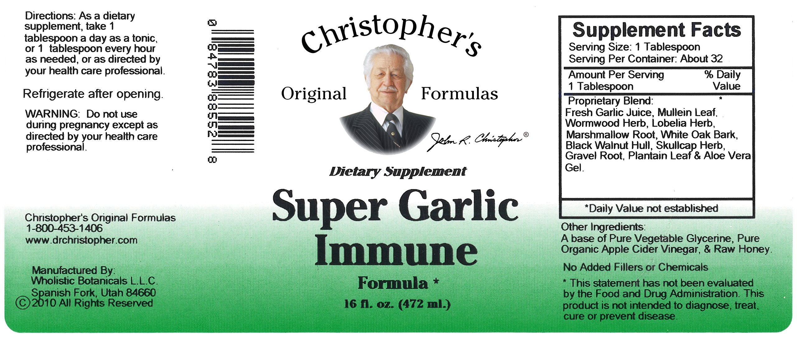Back view of Christopher's Super Garlic daily wellness Syrup packaging