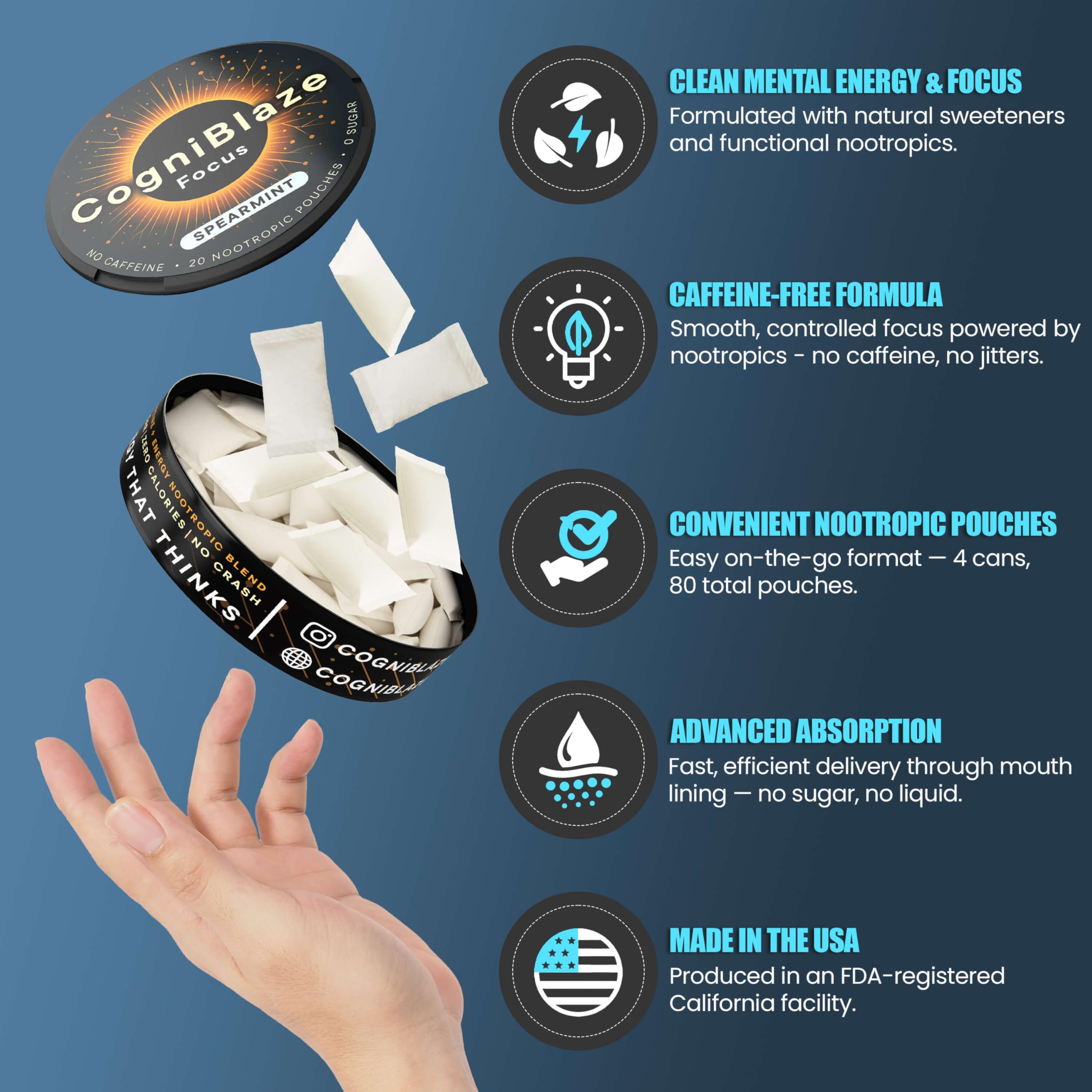 Back view of CogniBlaze Nootropic Pouches packaging