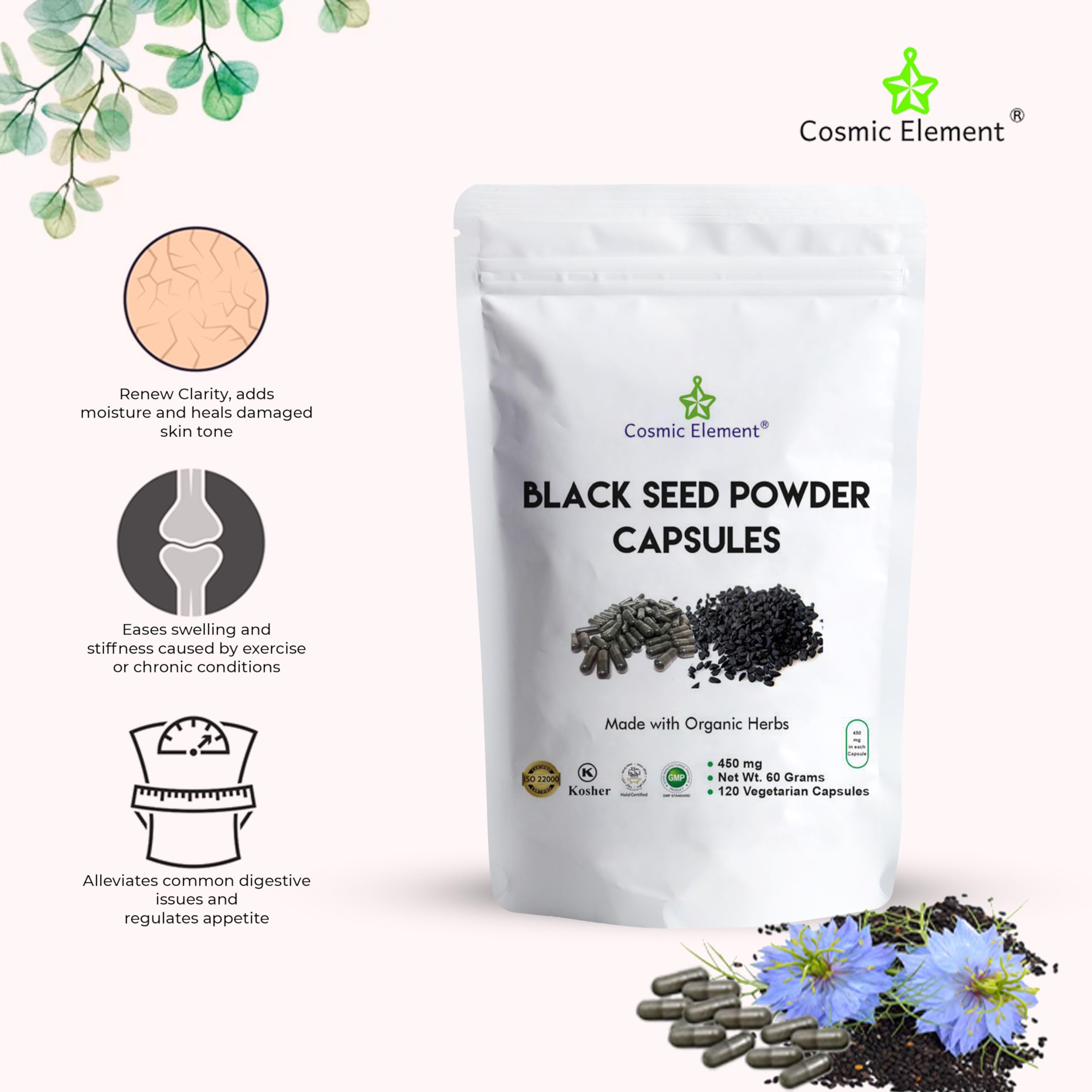 Back view of Cosmic Element Black Seed Oil Capsules packaging