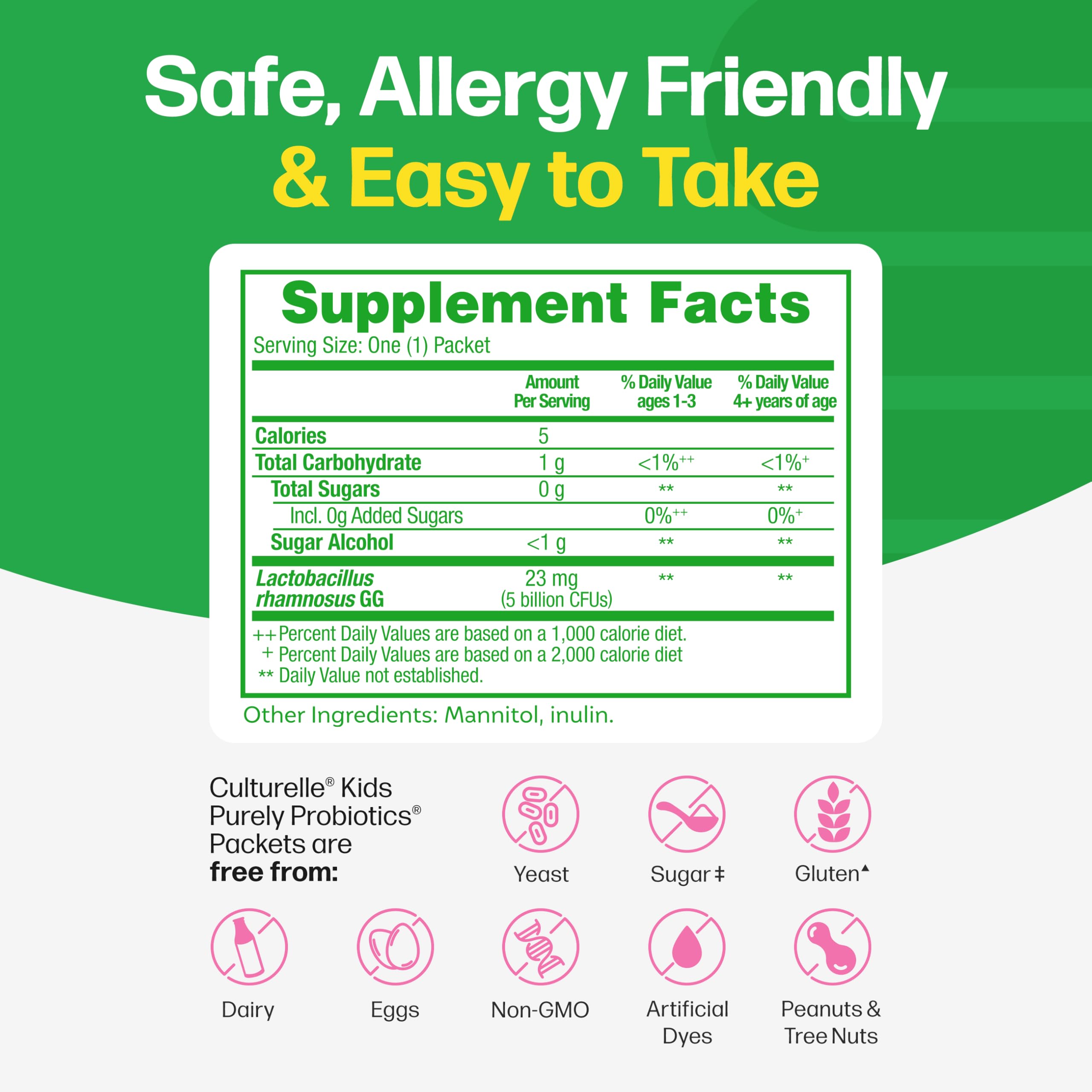Back view of Culturelle Kids Daily Probiotic Packets showing ingredients