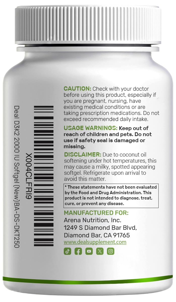 Back view of DEAL SUPPLEMENT Vitamin D3 & K2 softgel bottle