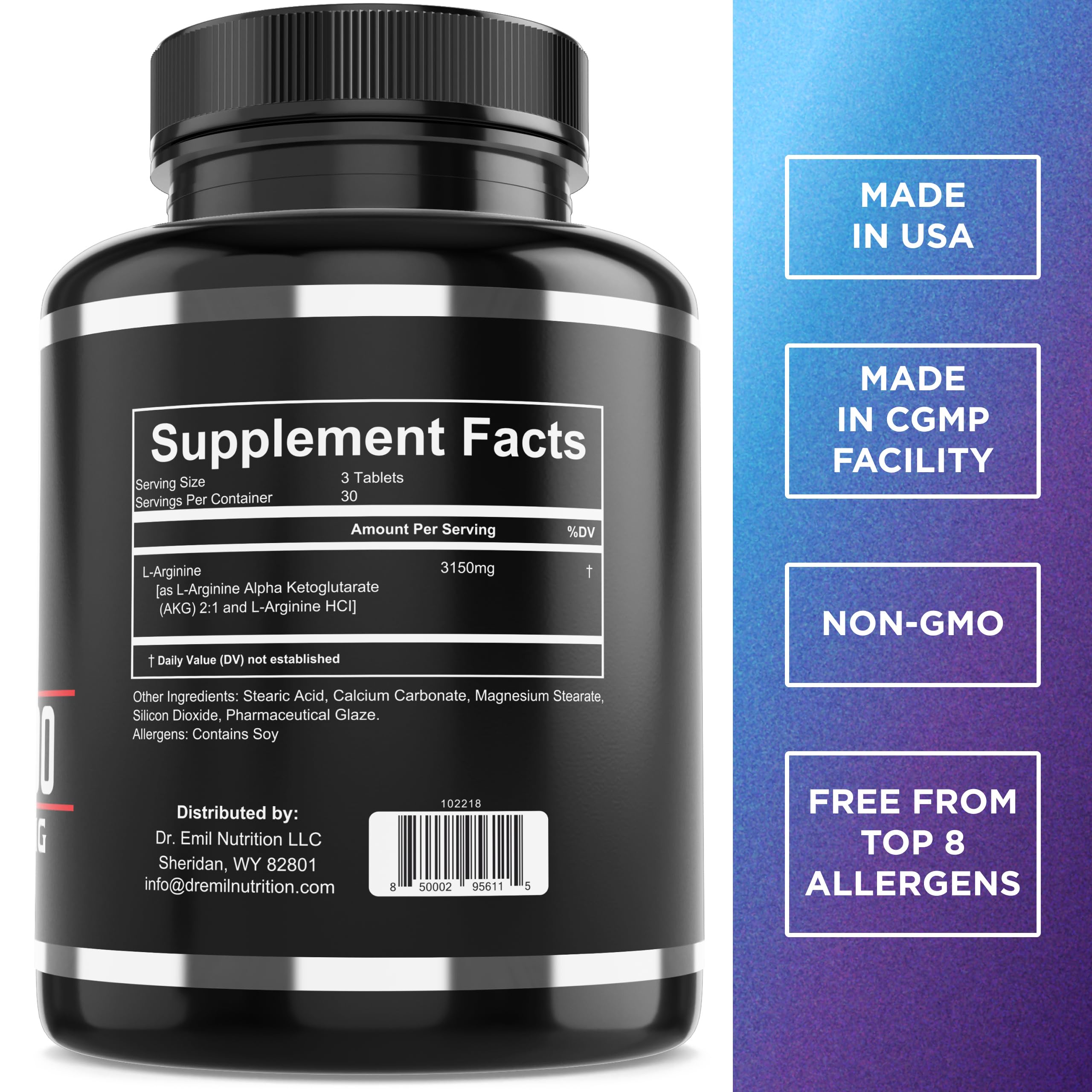 Back view of DR. EMIL NUTRITION L-Arginine 3150mg capsules bottle