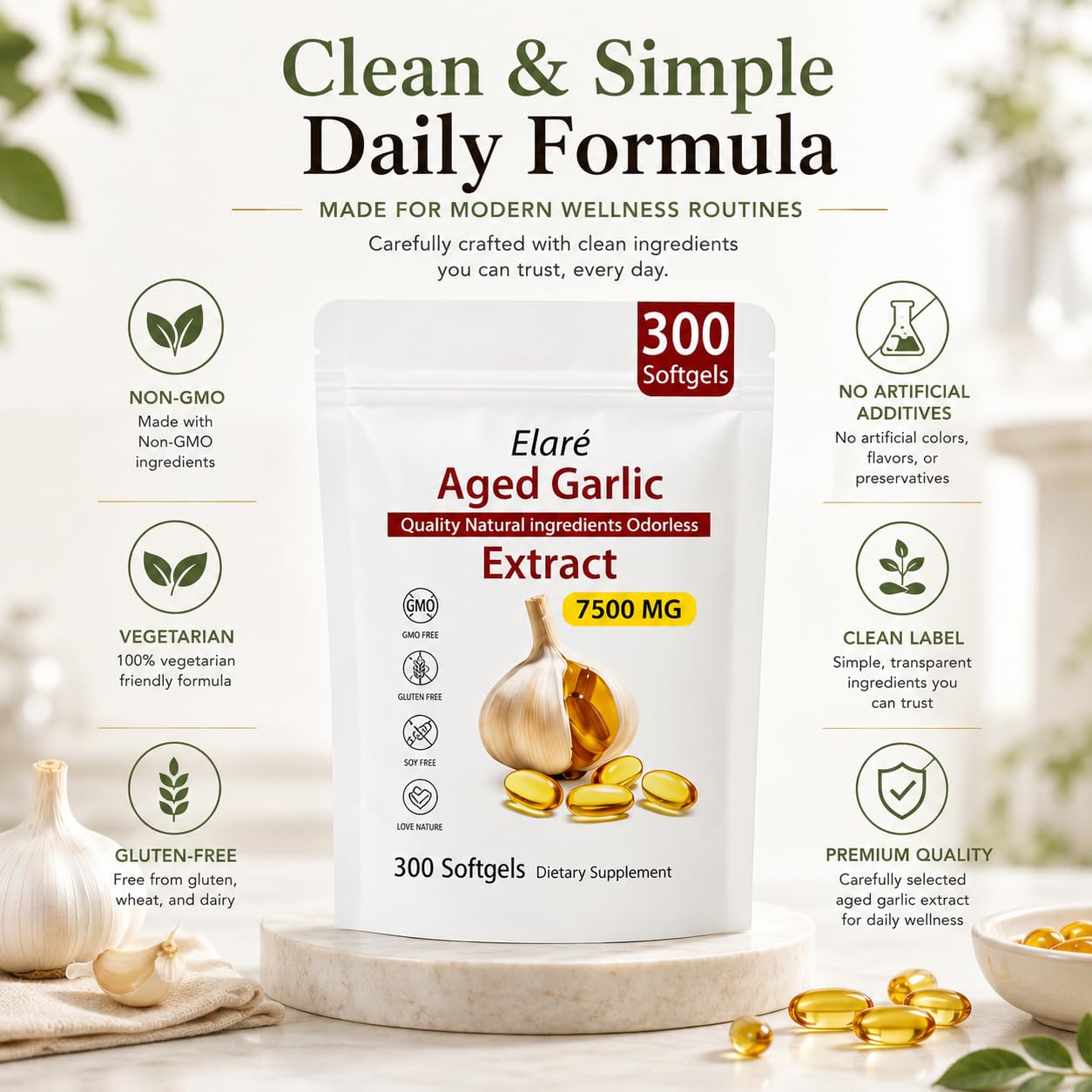 Back view of ELARE Aged Garlic Extract Softgels packaging with details