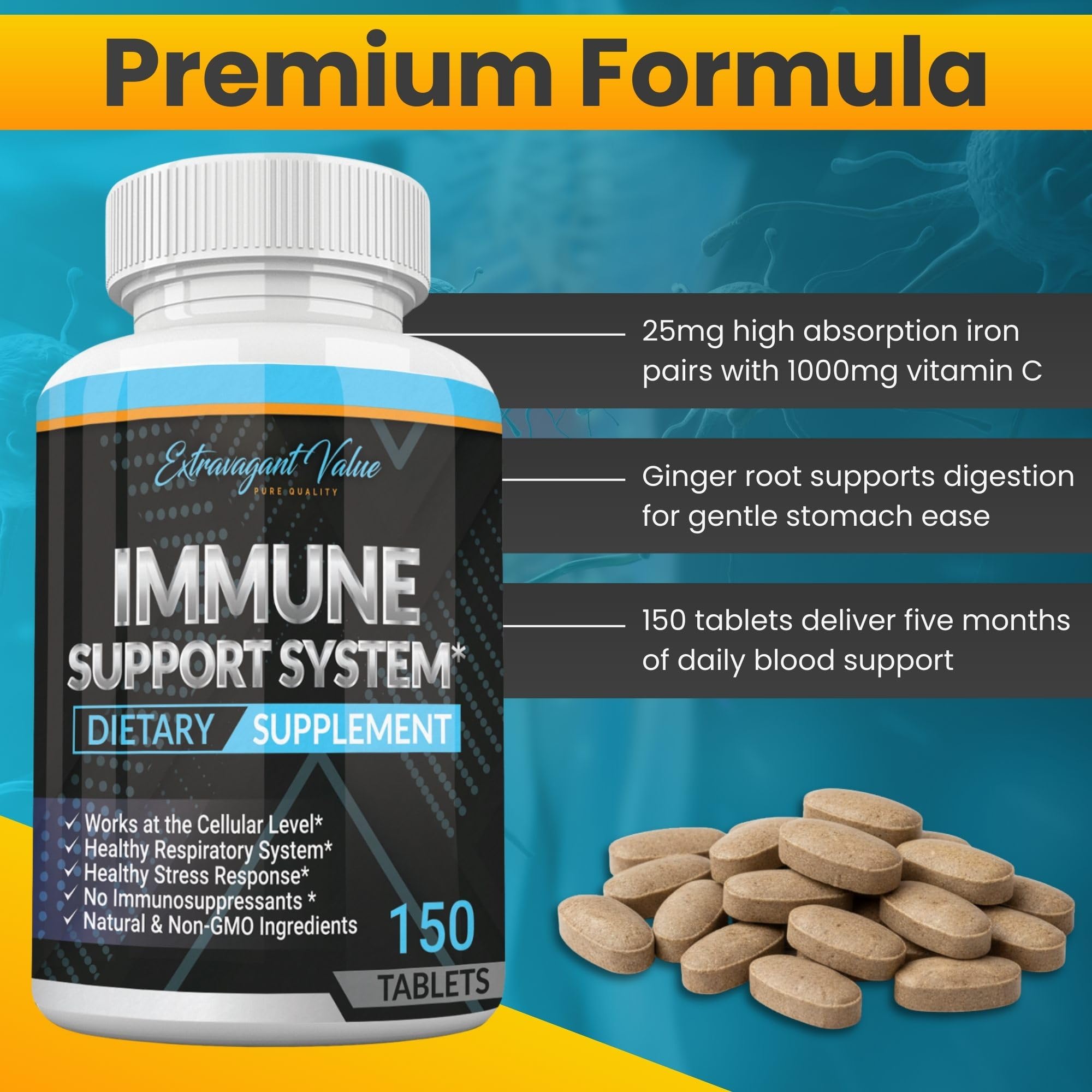 Back view of Extravagant Value Iron + Vitamin C 1000mg supplement bottle