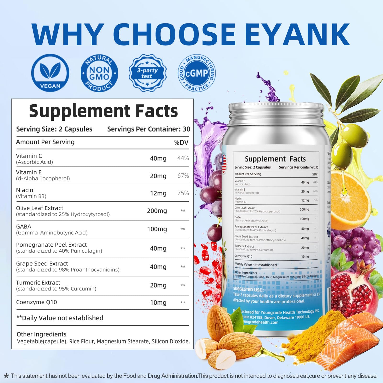 Back view of EYANK Olive Leaf Extract with ingredient list