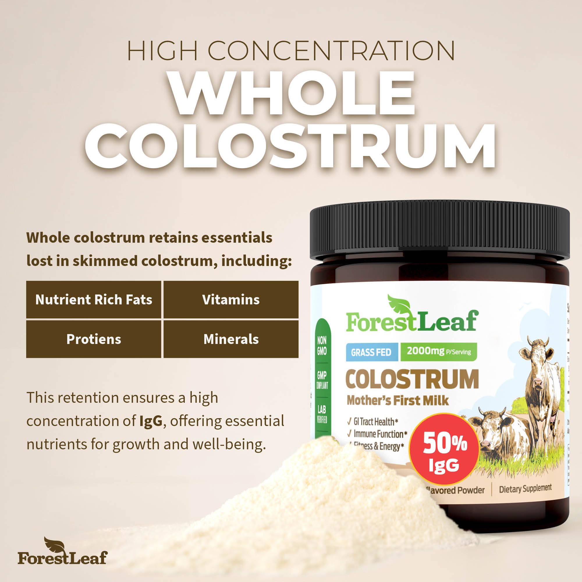 Back view of ForestLeaf Bovine Colostrum Powder 118g packaging