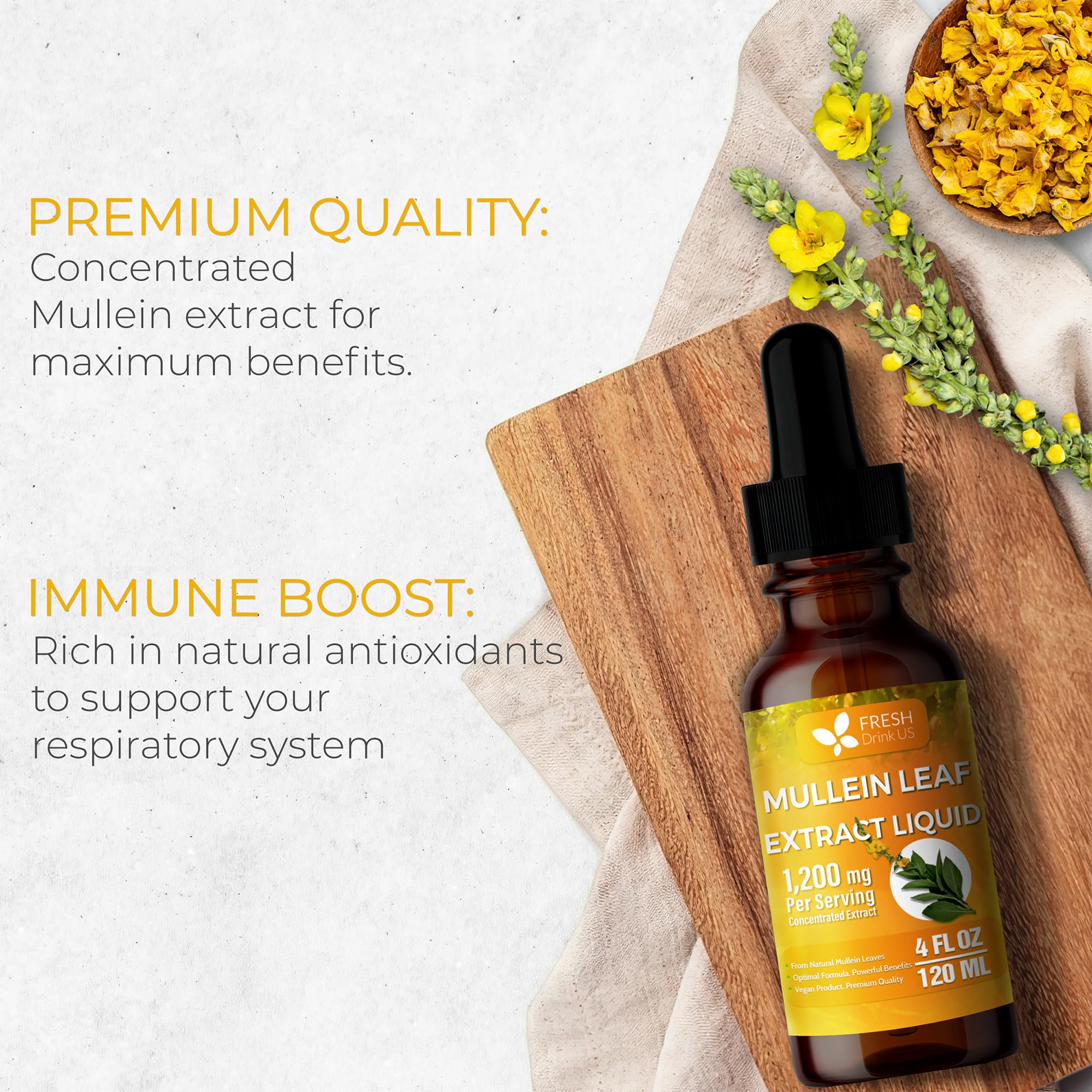 Back view of FRESHDRINKUS Mullein Extract Liquid 1200mg bottle showing ingredients