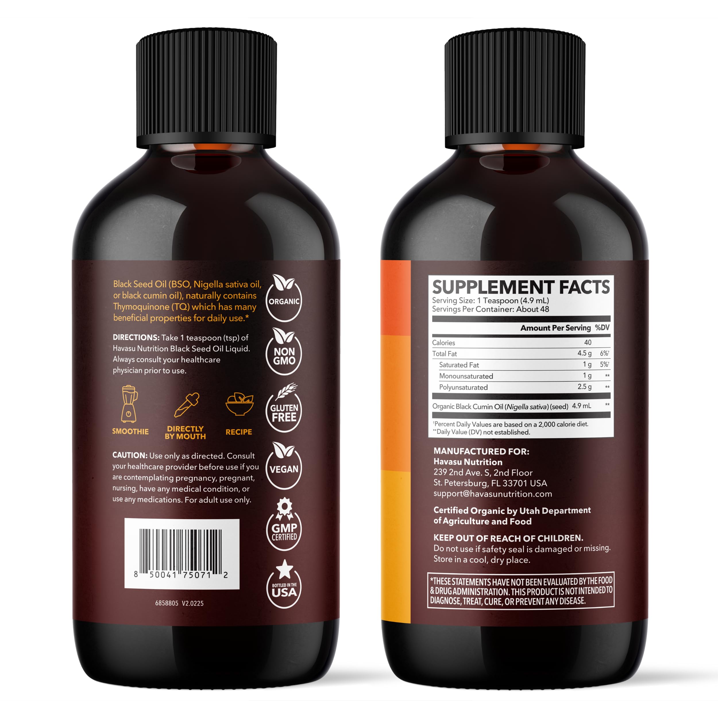 Back view of HAVASU NUTRITION Organic Black Seed Oil 240g