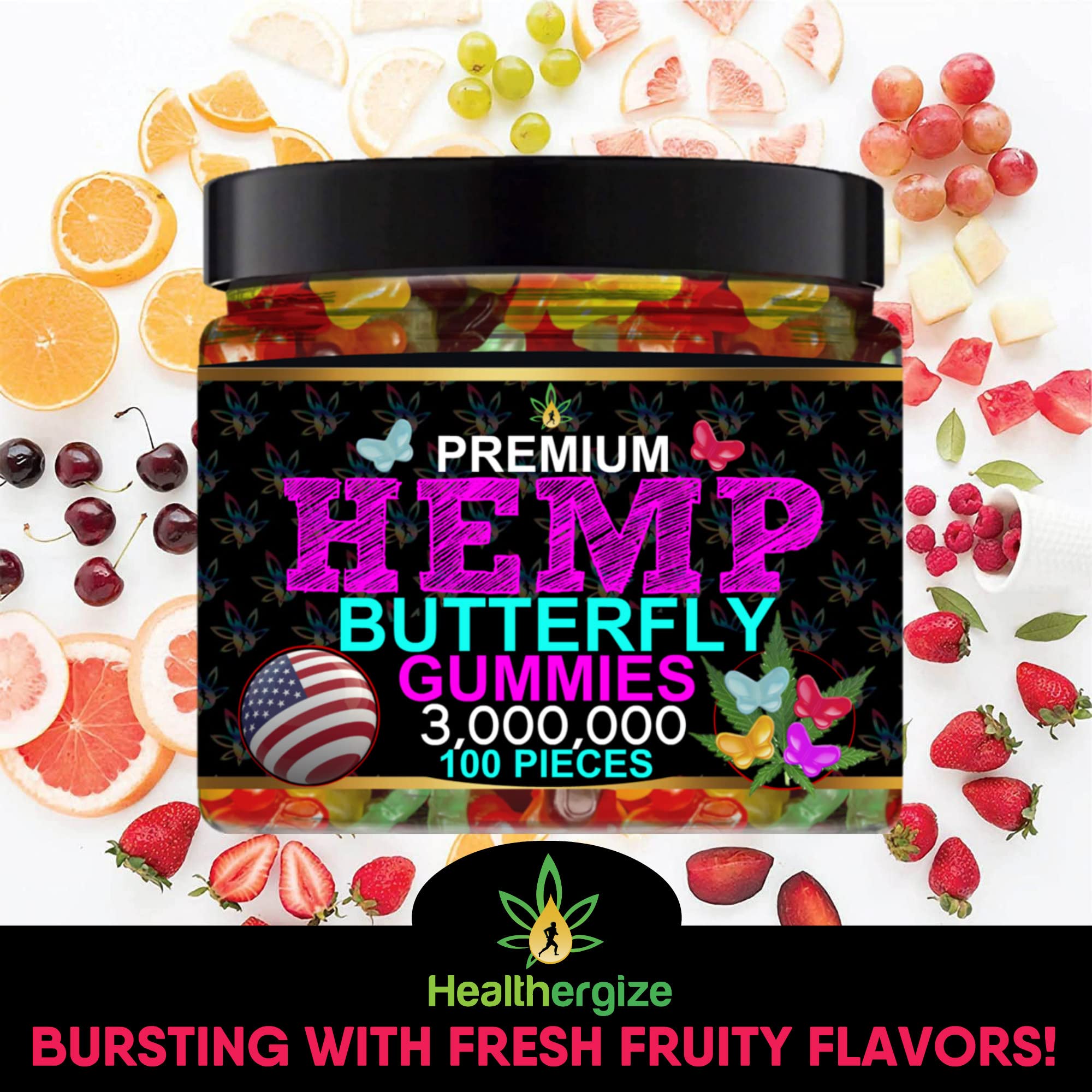 Back view of Healthergize Hemp Butterflies Gummies bottle