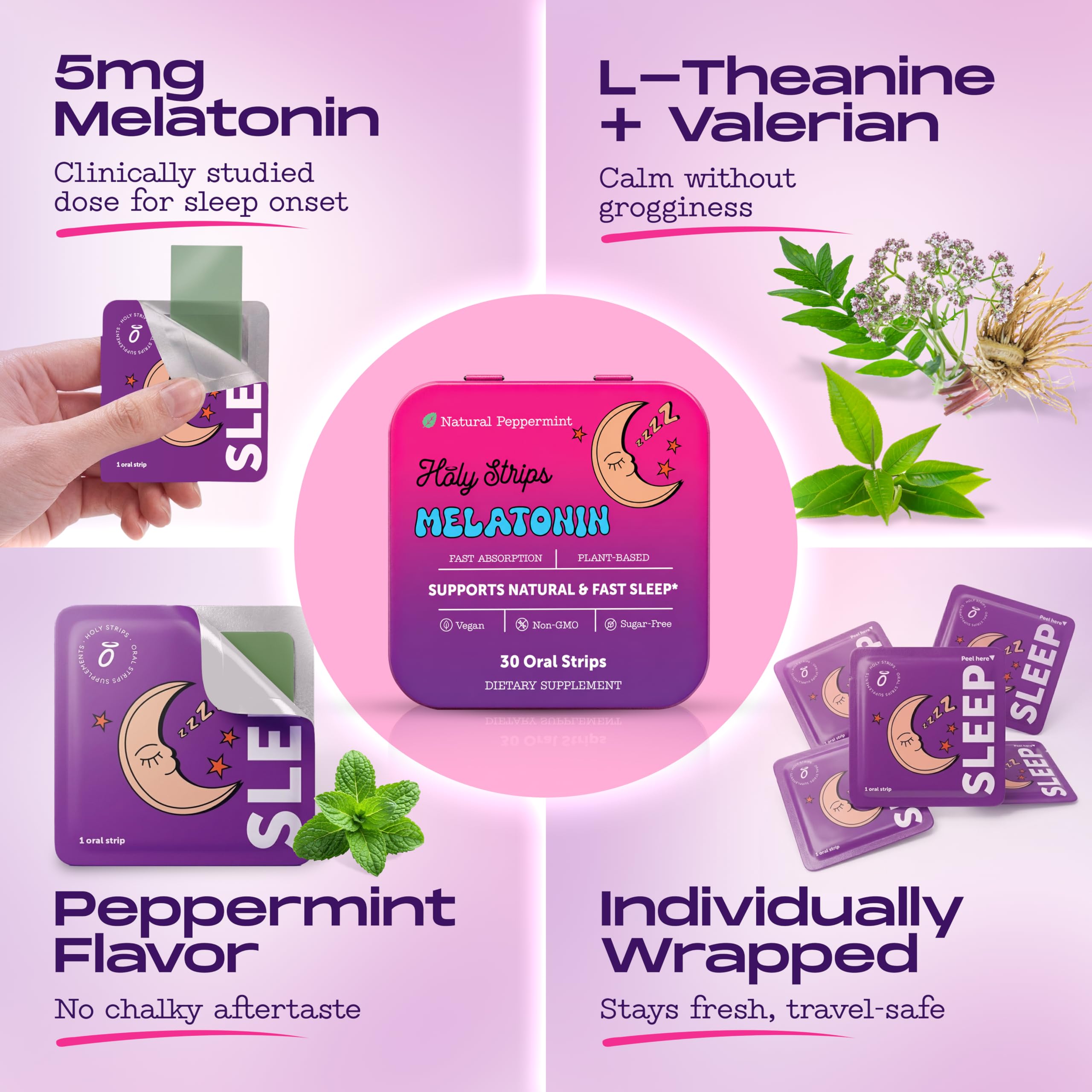 Back view of HOLY STRIPS Melatonin Oral Strips packaging