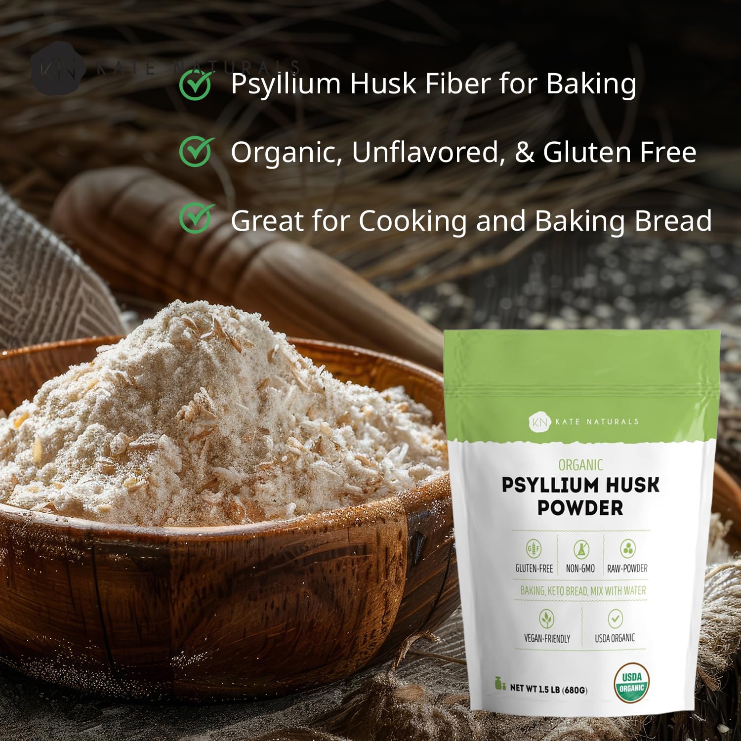 Back view of Kate Naturals Organic Psyllium Husk Powder 649g packaging with nutritional information