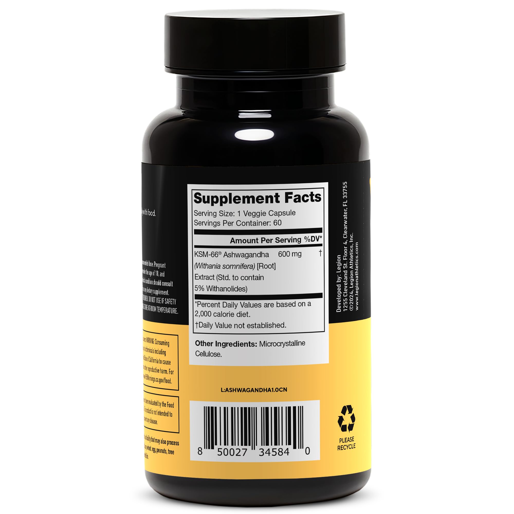 Back view of LEGION Ashwagandha Capsules bottle