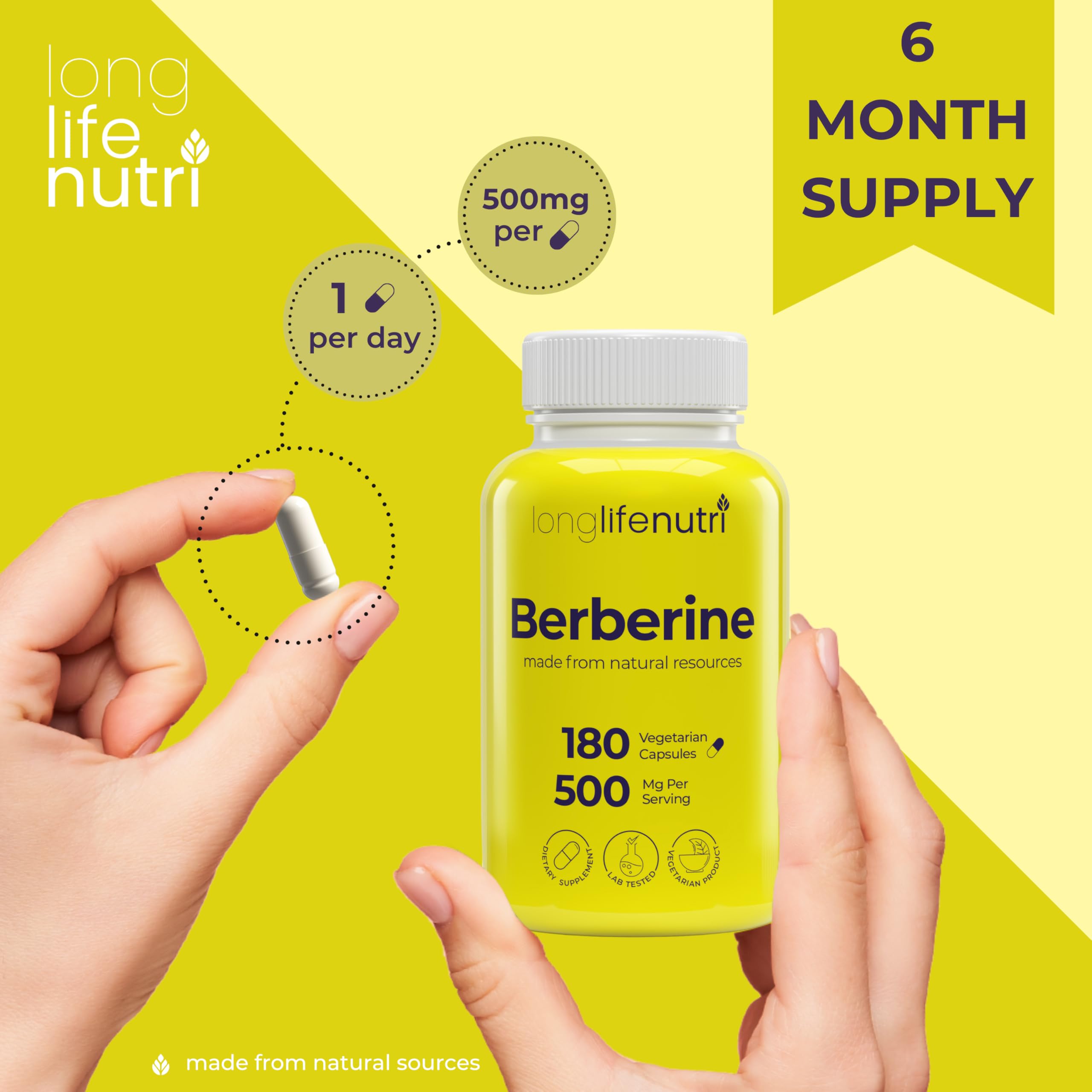 Back view of LongLifeNutri Berberine HCL 500mg Capsules bottle