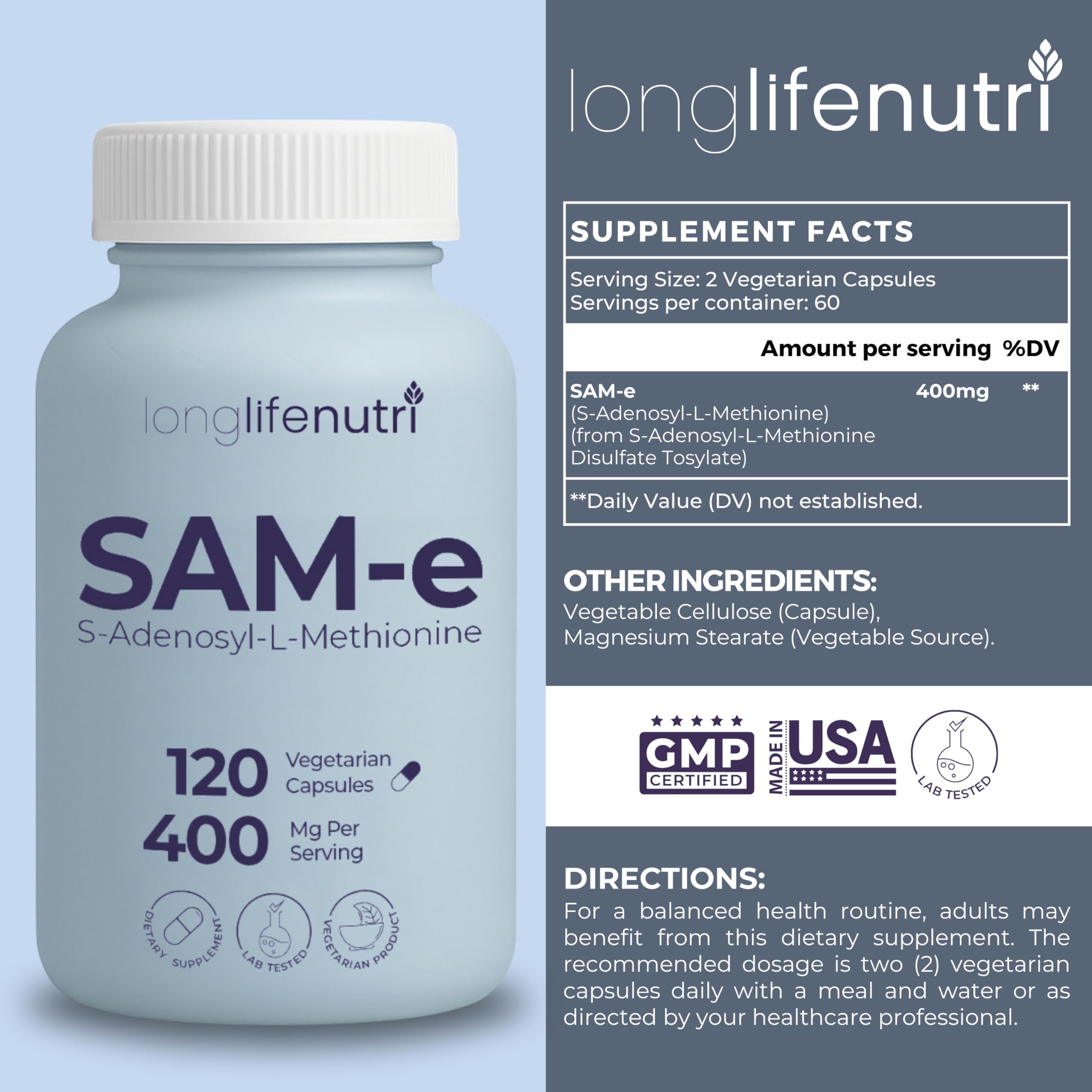 Back view of LongLifeNutri SAM-e 400mg supplement bottle showing ingredients