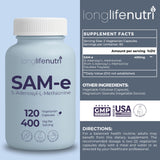 Back view of LongLifeNutri SAM-e 400mg supplement bottle showing ingredients