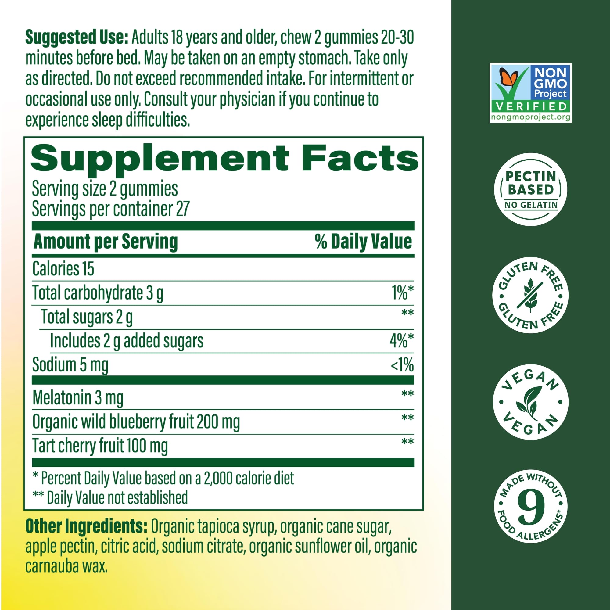 Back view of MegaFood Melatonin Gummies packaging with ingredients list