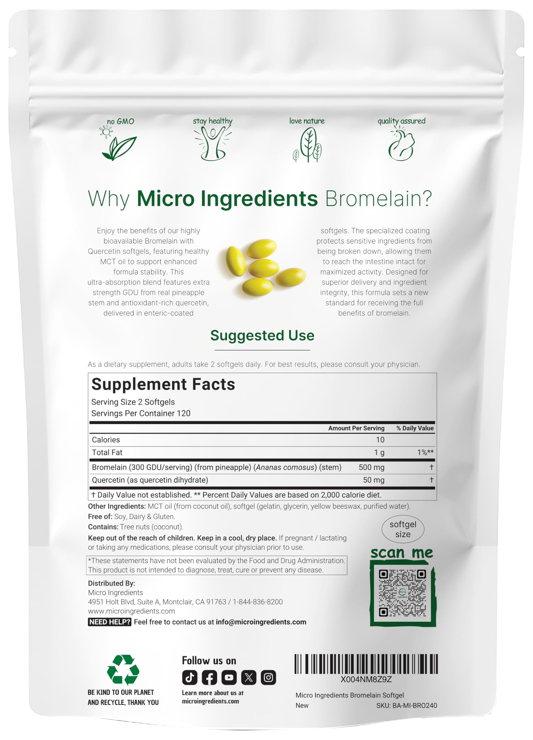 Back view of Micro Ingredients Bromelain Softgels packaging